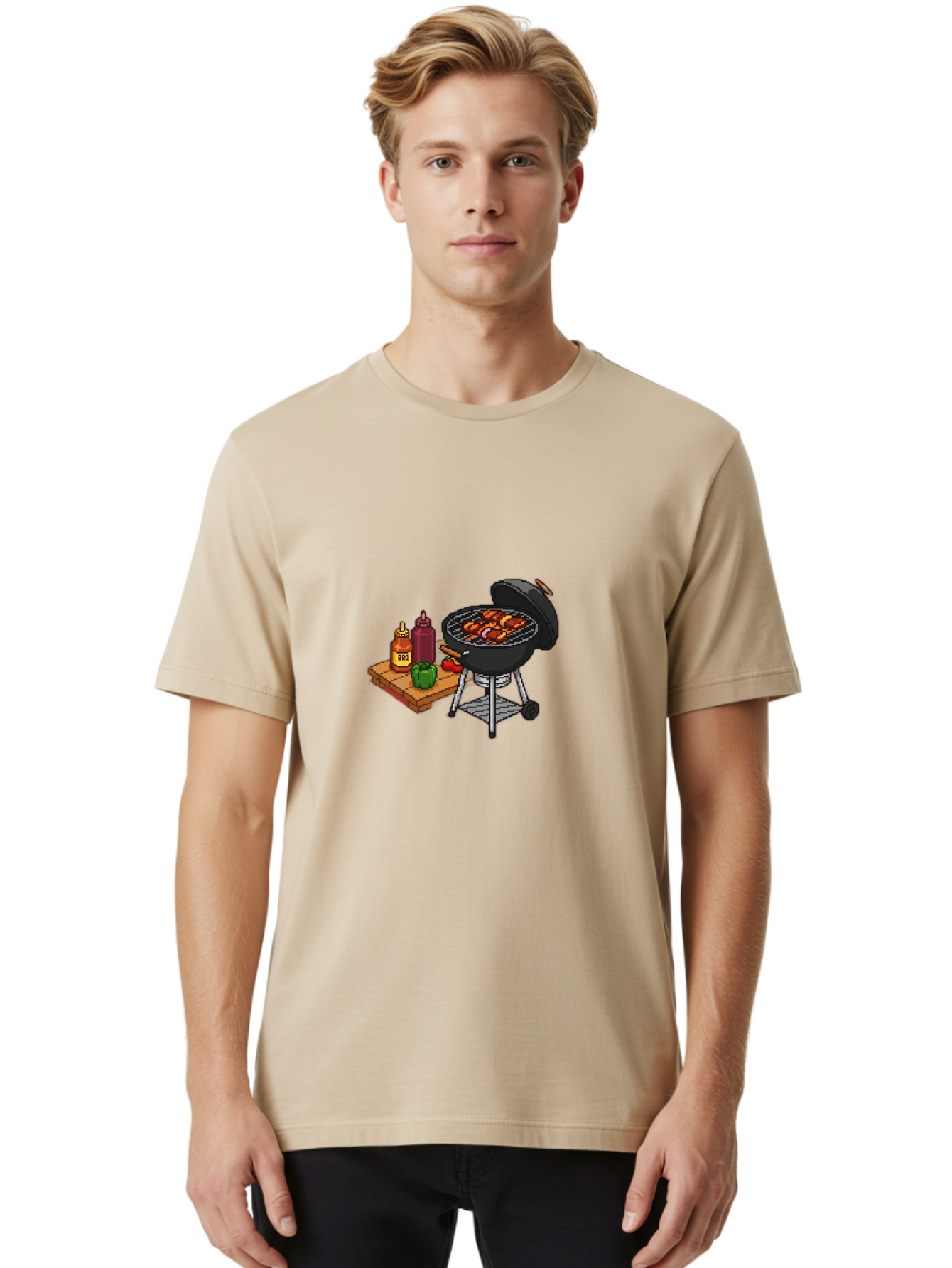 Bbq-Grill-2 Men'S Graphic Tee, 100% Cotton, Comfortable Casual Summer Wear, Machine Washable, Bbq Grill With Sausages, Outdoor Cooking, Grilling, Barbecue Sauce, Condiments, Bell Pepper, Chili Pepper, Grilling Essentials, Barbecue, Bab667 28