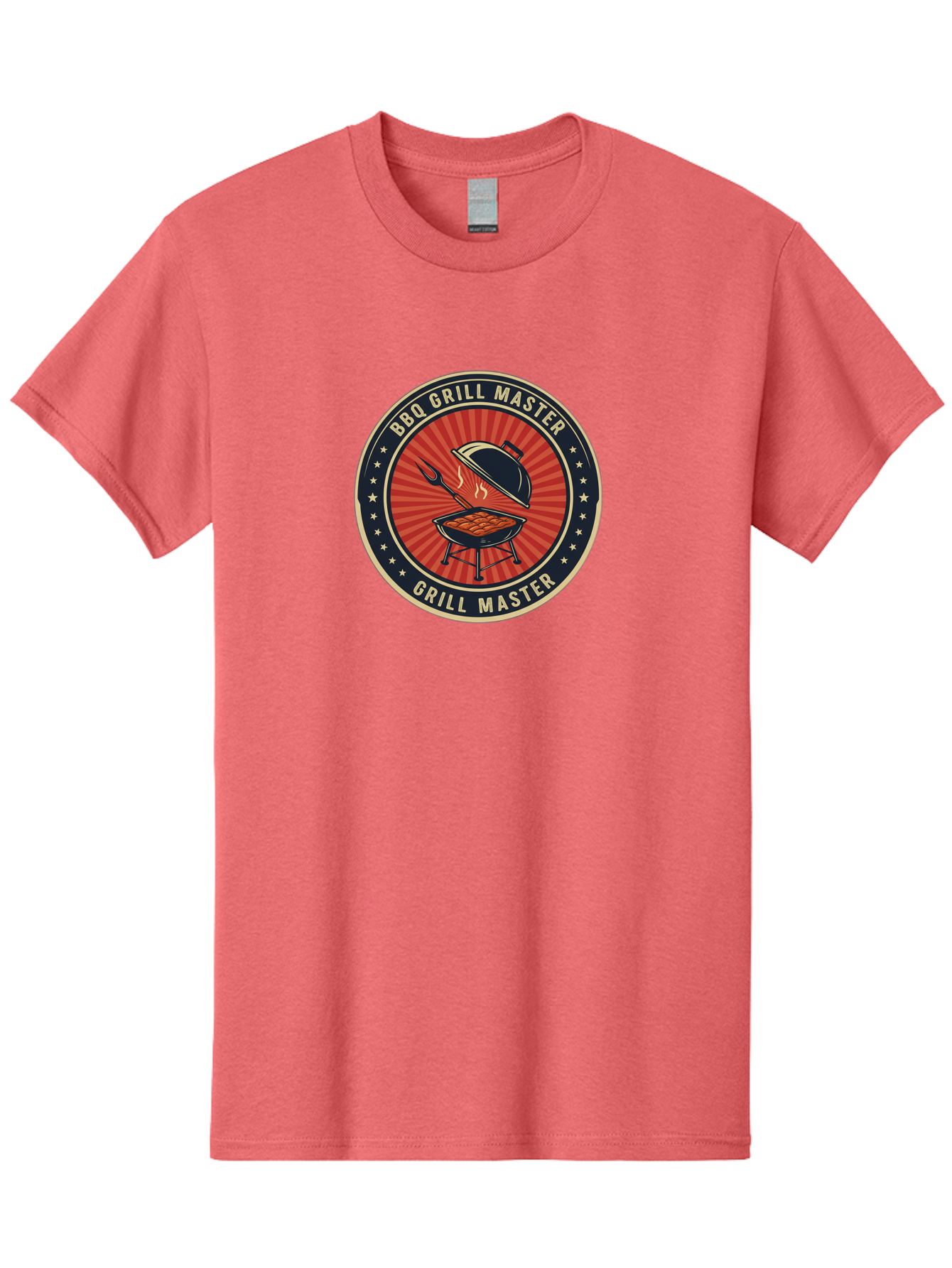 Bbq-Grill-Master-1 Men'S Graphic Tee, 100% Cotton, Comfortable Casual Summer Wear, Machine Washable, Barbecue Grill With Lid Open, Meat Cooking On Grill, Bbq Utensils, Sunburst Design, Stars Surrounding Logo, Grill Master Logo, Barbecue Theme, Bab670 9