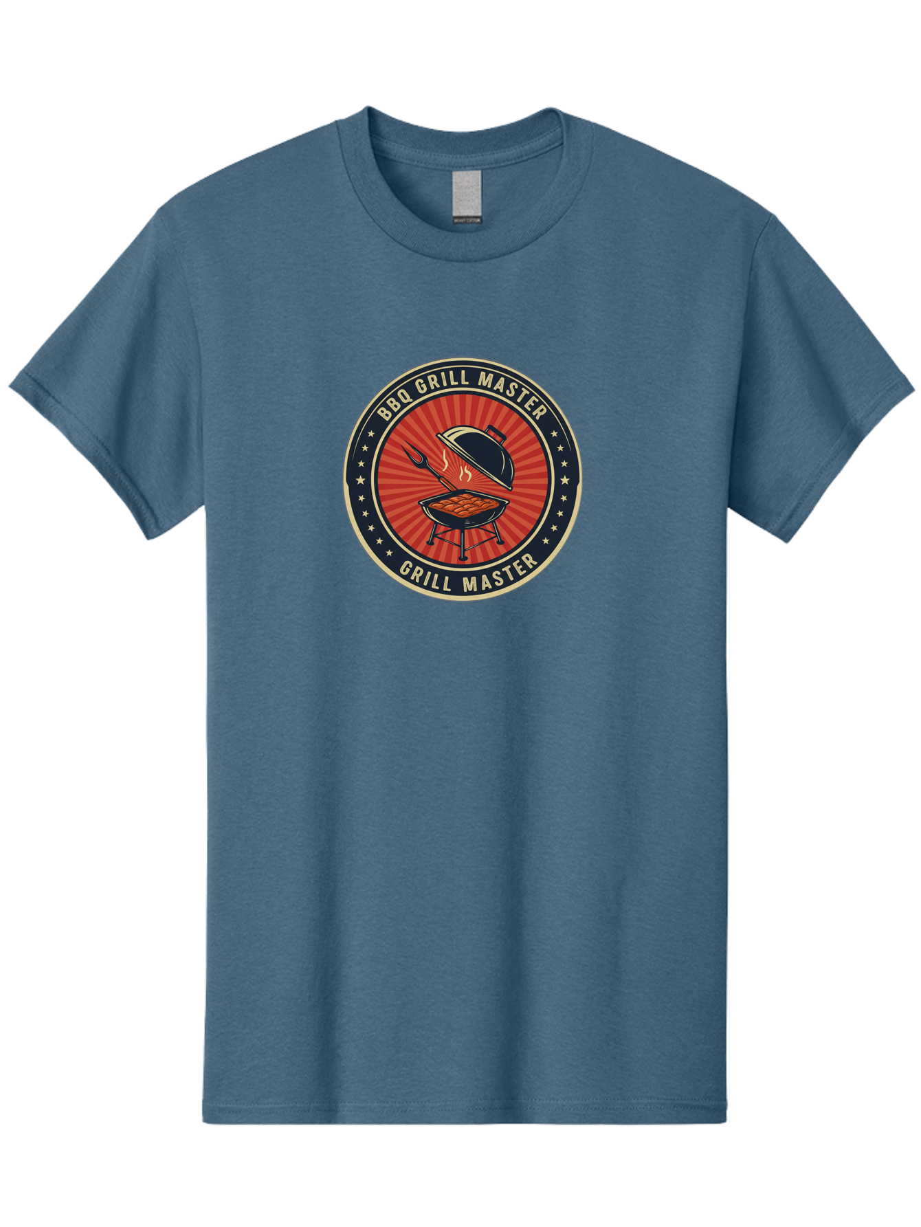 Bbq-Grill-Master-1 Men'S Graphic Tee, 100% Cotton, Comfortable Casual Summer Wear, Machine Washable, Barbecue Grill With Lid Open, Meat Cooking On Grill, Bbq Utensils, Sunburst Design, Stars Surrounding Logo, Grill Master Logo, Barbecue Theme, Bab670 4