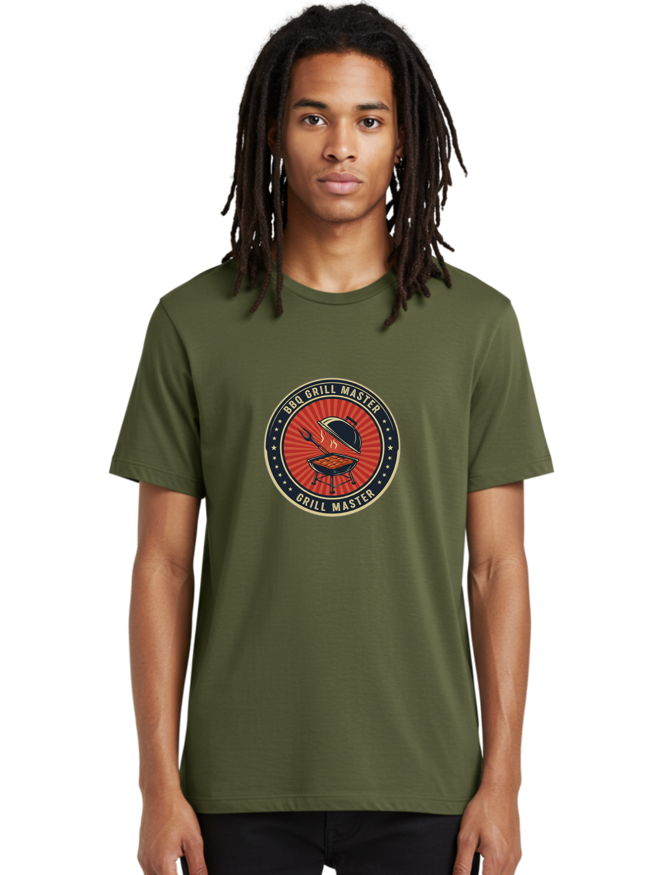 Bbq-Grill-Master-1 Men'S Graphic Tee, 100% Cotton, Comfortable Casual Summer Wear, Machine Washable, Barbecue Grill With Lid Open, Meat Cooking On Grill, Bbq Utensils, Sunburst Design, Stars Surrounding Logo, Grill Master Logo, Barbecue Theme, Bab670 30