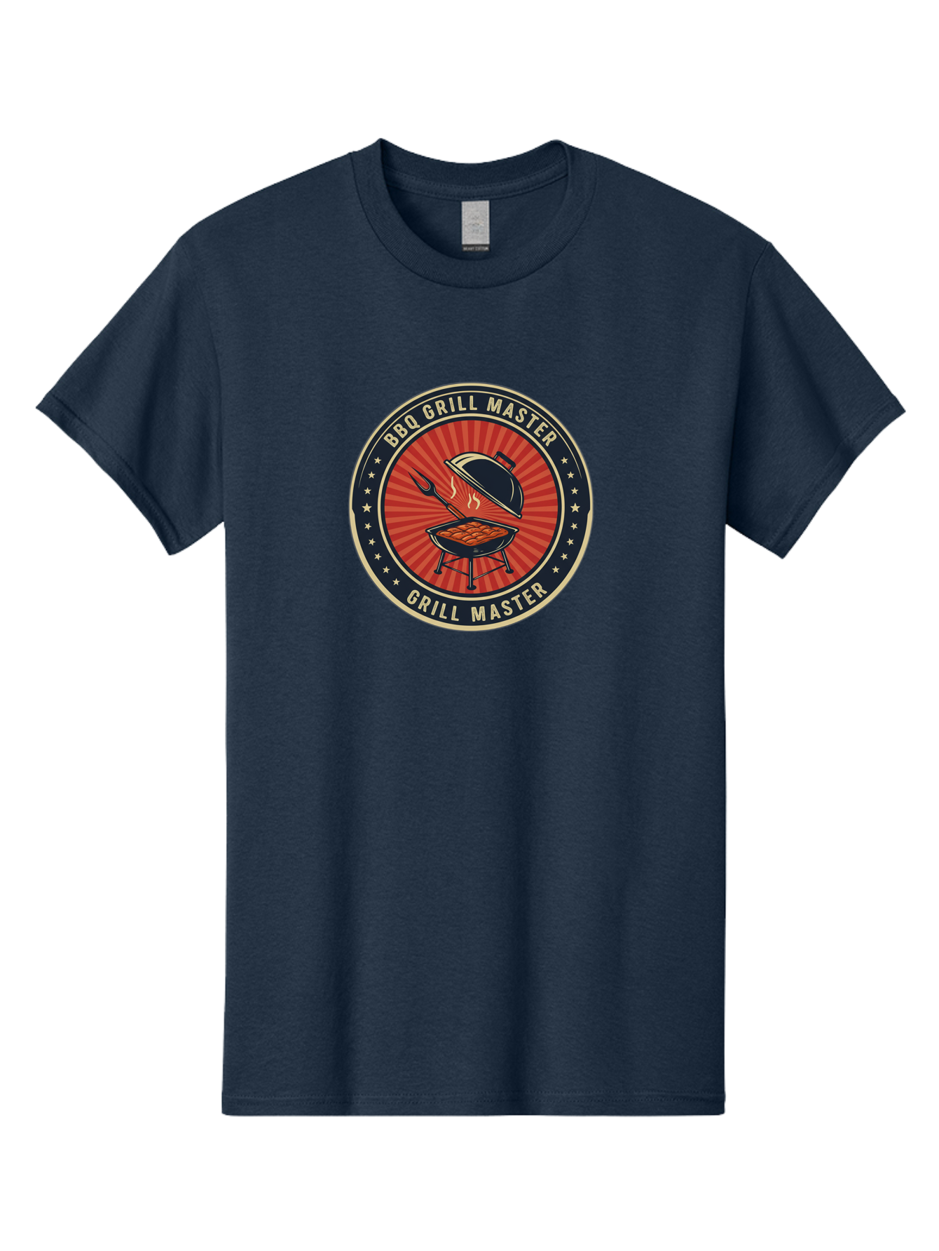 Bbq-Grill-Master-1 Men'S Graphic Tee, 100% Cotton, Comfortable Casual Summer Wear, Machine Washable, Barbecue Grill With Lid Open, Meat Cooking On Grill, Bbq Utensils, Sunburst Design, Stars Surrounding Logo, Grill Master Logo, Barbecue Theme, Bab670 3