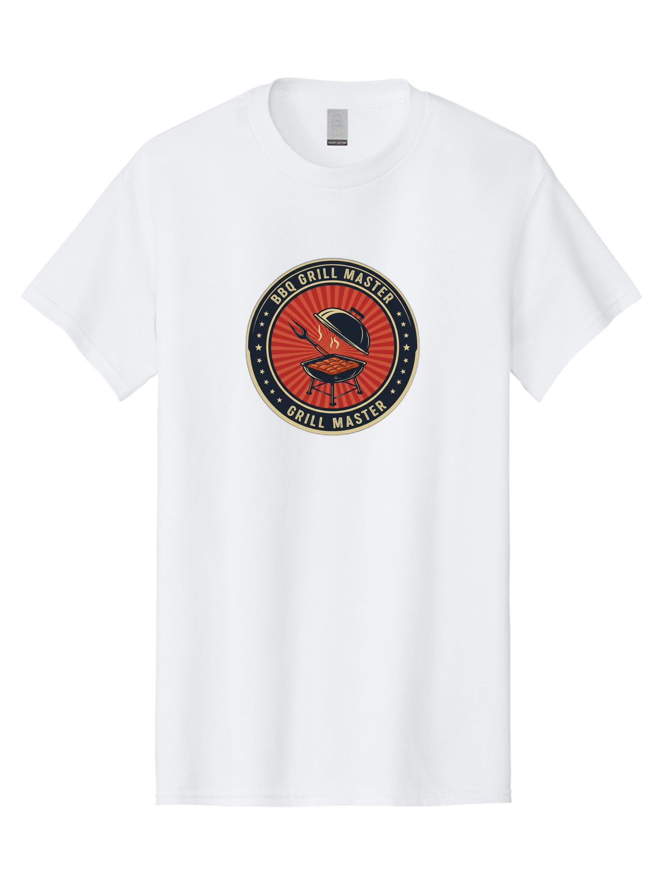 Bbq-Grill-Master-1 Men'S Graphic Tee, 100% Cotton, Comfortable Casual Summer Wear, Machine Washable, Barbecue Grill With Lid Open, Meat Cooking On Grill, Bbq Utensils, Sunburst Design, Stars Surrounding Logo, Grill Master Logo, Barbecue Theme, Bab670 6
