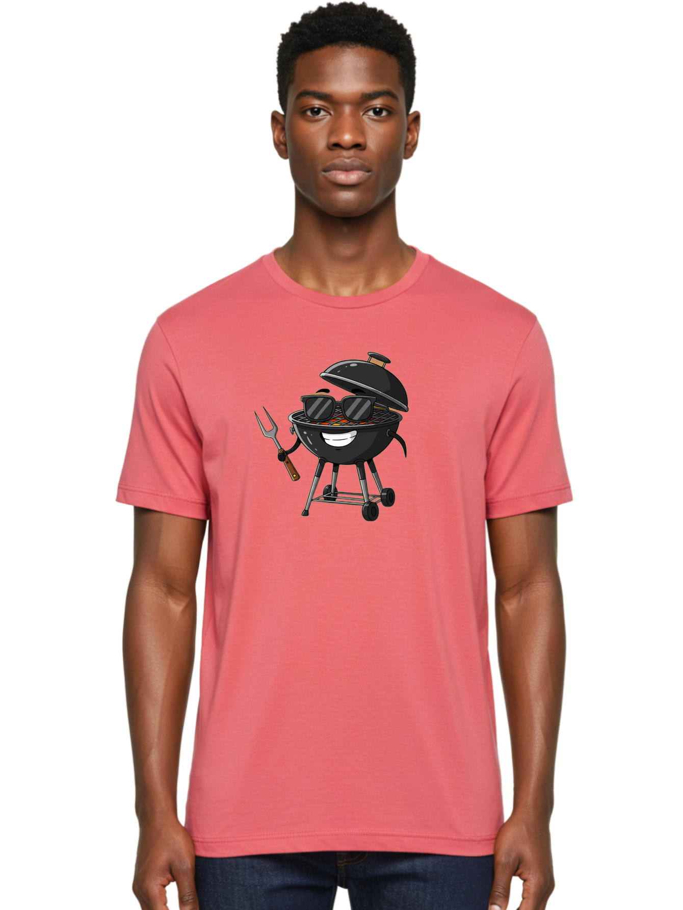 Bbq-Grill-With-Sunglasses Men'S Graphic Tee, 100% Cotton, Comfortable Casual Summer Wear, Machine Washable, Barbecue Grill, Sunglasses On Grill, Fork In Hand, Smiling Grill, Cartoon Character, Bbq Accessories, Outdoor Cooking, Summer Vibes, Bab672 30