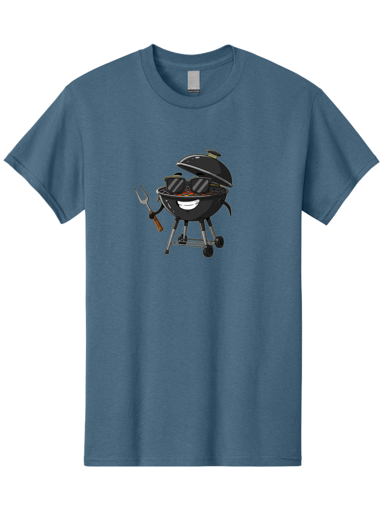 Bbq-Grill-With-Sunglasses Men'S Graphic Tee, 100% Cotton, Comfortable Casual Summer Wear, Machine Washable, Barbecue Grill, Sunglasses On Grill, Fork In Hand, Smiling Grill, Cartoon Character, Bbq Accessories, Outdoor Cooking, Summer Vibes, Bab672 9