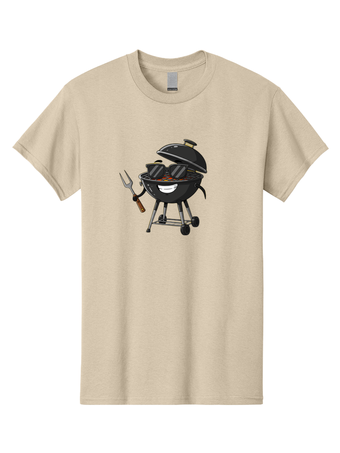 Bbq-Grill-With-Sunglasses Men'S Graphic Tee, 100% Cotton, Comfortable Casual Summer Wear, Machine Washable, Barbecue Grill, Sunglasses On Grill, Fork In Hand, Smiling Grill, Cartoon Character, Bbq Accessories, Outdoor Cooking, Summer Vibes, Bab672 5
