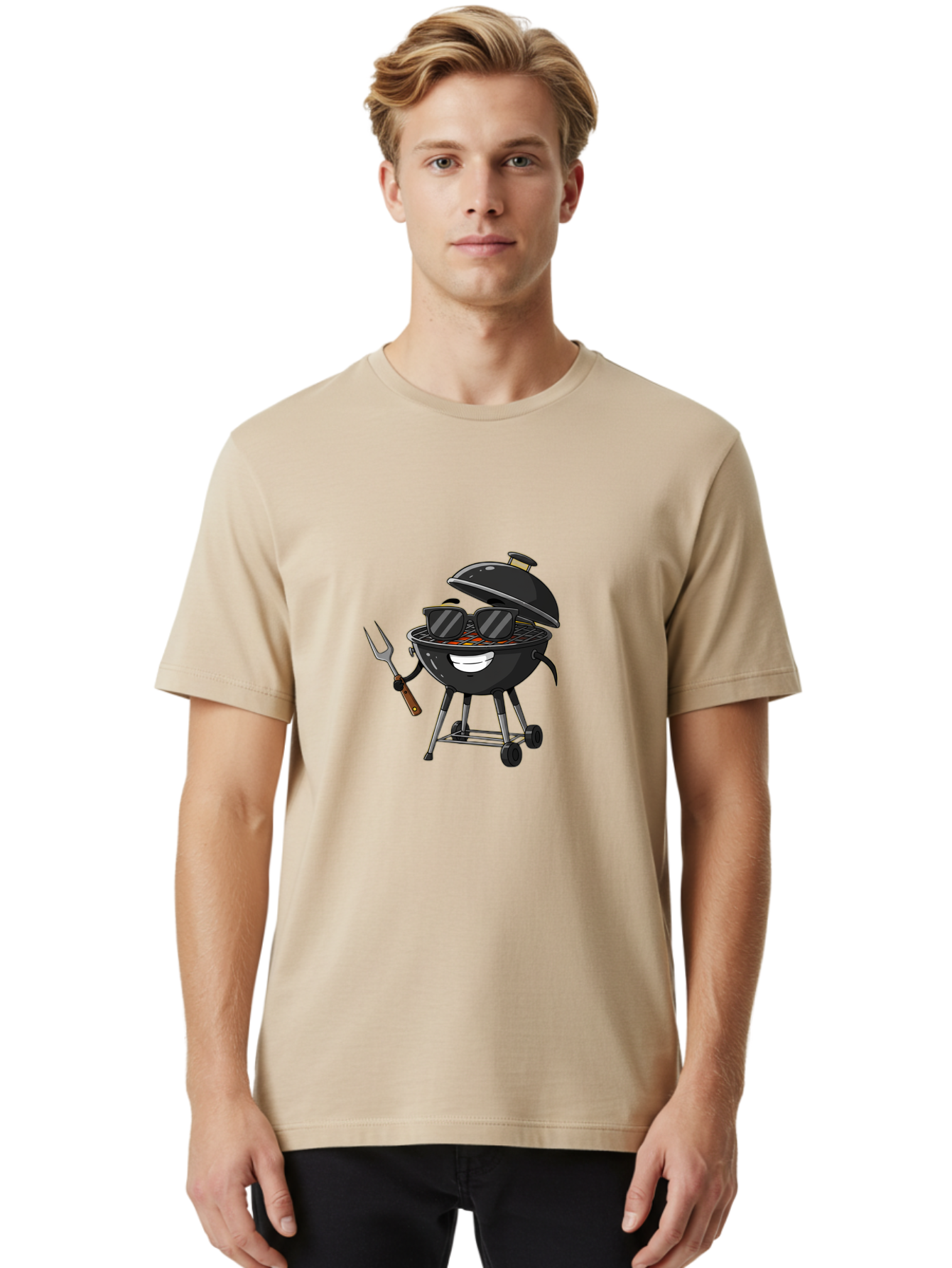 Bbq-Grill-With-Sunglasses Men'S Graphic Tee, 100% Cotton, Comfortable Casual Summer Wear, Machine Washable, Barbecue Grill, Sunglasses On Grill, Fork In Hand, Smiling Grill, Cartoon Character, Bbq Accessories, Outdoor Cooking, Summer Vibes, Bab672 20