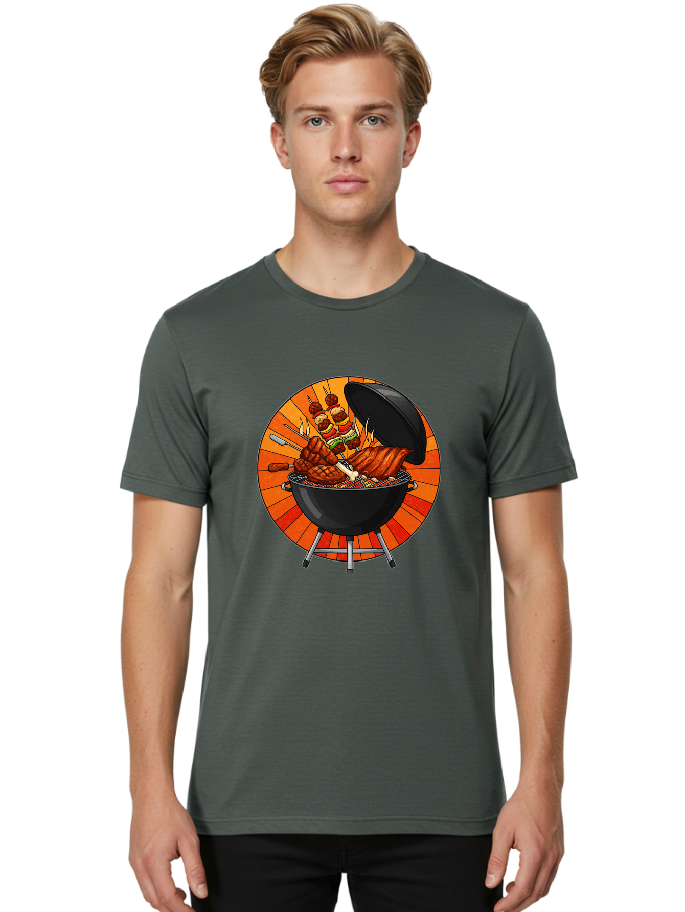 Bbq-Grill Men'S Graphic Tee, 100% Cotton, Comfortable Casual Summer Wear, Machine Washable, Barbecue Grill, Grilled Meat, Skewers, Outdoor Cooking, Summer Food, Barbecue Party, Delicious Food, Grilled Chicken, Barbecue Sauce Bab673 26