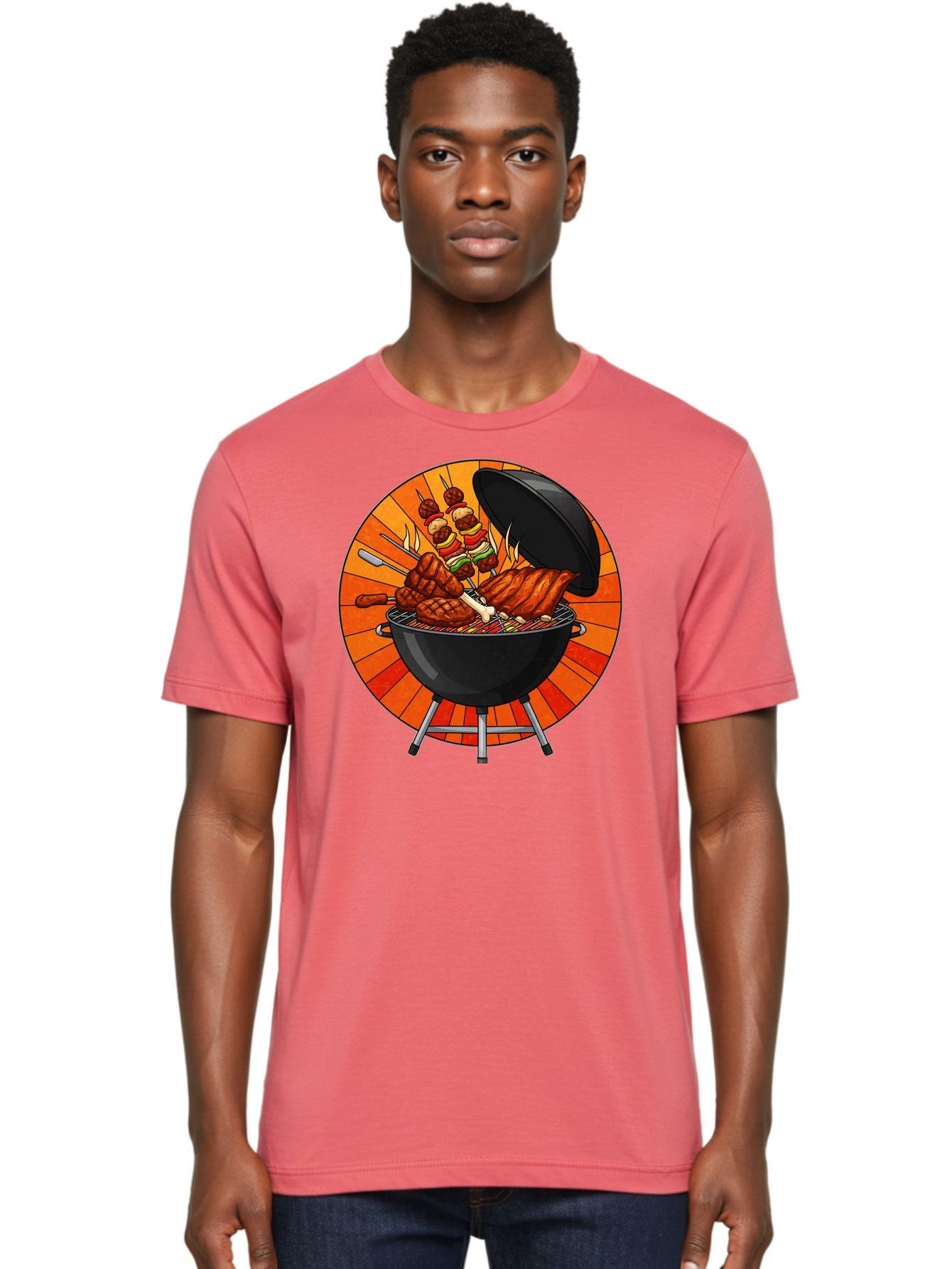 Bbq-Grill Men'S Graphic Tee, 100% Cotton, Comfortable Casual Summer Wear, Machine Washable, Barbecue Grill, Grilled Meat, Skewers, Outdoor Cooking, Summer Food, Barbecue Party, Delicious Food, Grilled Chicken, Barbecue Sauce Bab673 21