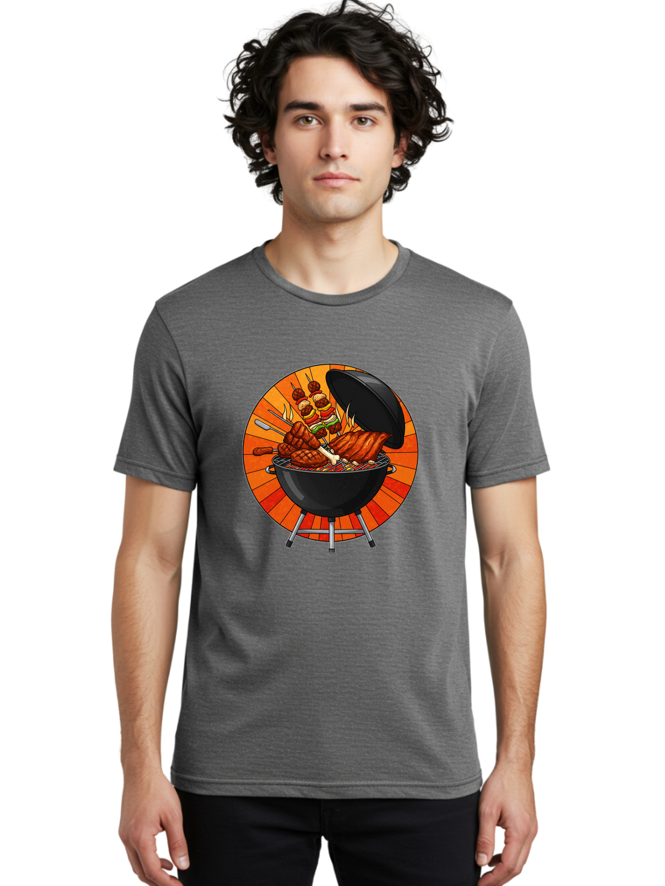 Bbq-Grill Men'S Graphic Tee, 100% Cotton, Comfortable Casual Summer Wear, Machine Washable, Barbecue Grill, Grilled Meat, Skewers, Outdoor Cooking, Summer Food, Barbecue Party, Delicious Food, Grilled Chicken, Barbecue Sauce Bab673 25