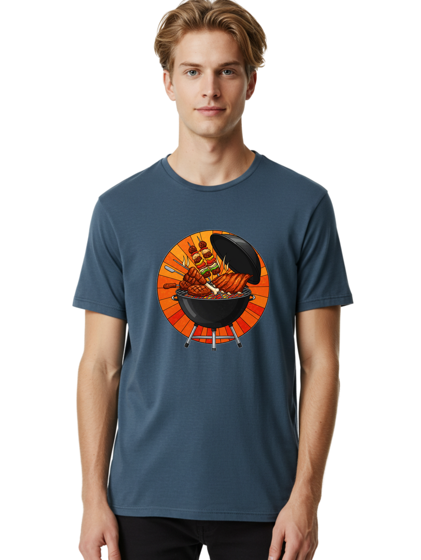 Bbq-Grill Men'S Graphic Tee, 100% Cotton, Comfortable Casual Summer Wear, Machine Washable, Barbecue Grill, Grilled Meat, Skewers, Outdoor Cooking, Summer Food, Barbecue Party, Delicious Food, Grilled Chicken, Barbecue Sauce Bab673 20