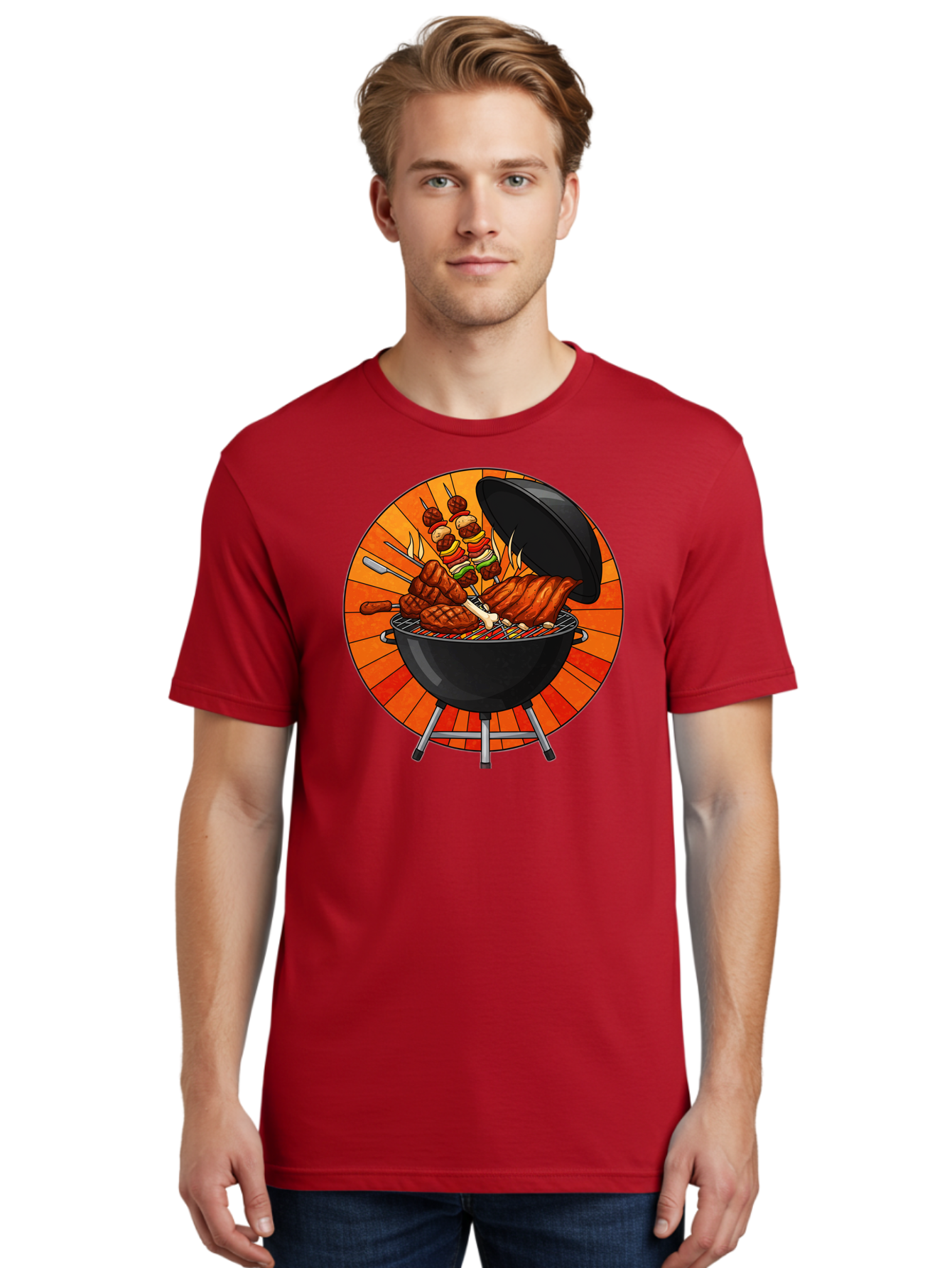 Bbq-Grill Men'S Graphic Tee, 100% Cotton, Comfortable Casual Summer Wear, Machine Washable, Barbecue Grill, Grilled Meat, Skewers, Outdoor Cooking, Summer Food, Barbecue Party, Delicious Food, Grilled Chicken, Barbecue Sauce Bab673 17