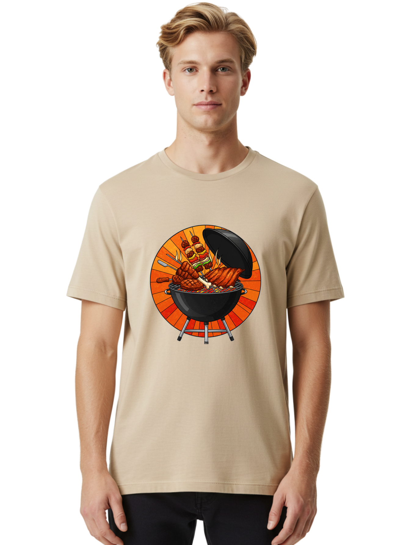 Bbq-Grill Men'S Graphic Tee, 100% Cotton, Comfortable Casual Summer Wear, Machine Washable, Barbecue Grill, Grilled Meat, Skewers, Outdoor Cooking, Summer Food, Barbecue Party, Delicious Food, Grilled Chicken, Barbecue Sauce Bab673 18