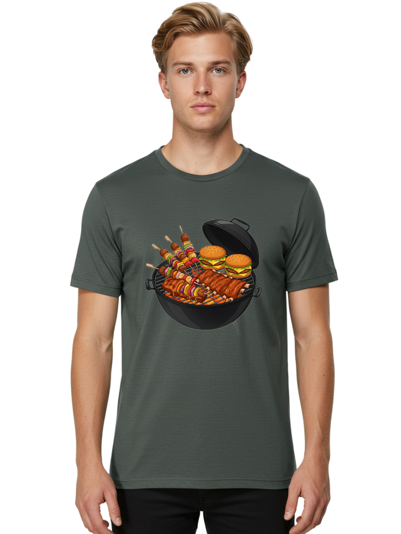Bbq-Grilling Men'S Graphic Tee, 100% Cotton, Comfortable Casual Summer Wear, Machine Washable, Barbecue Grill, Grilled Food, Skewers, Hamburgers, Barbecue Ribs, Summer Cooking, Outdoor Dining, Grilled Cuisine, Barbecue Party, Savory Delights Bab674 22