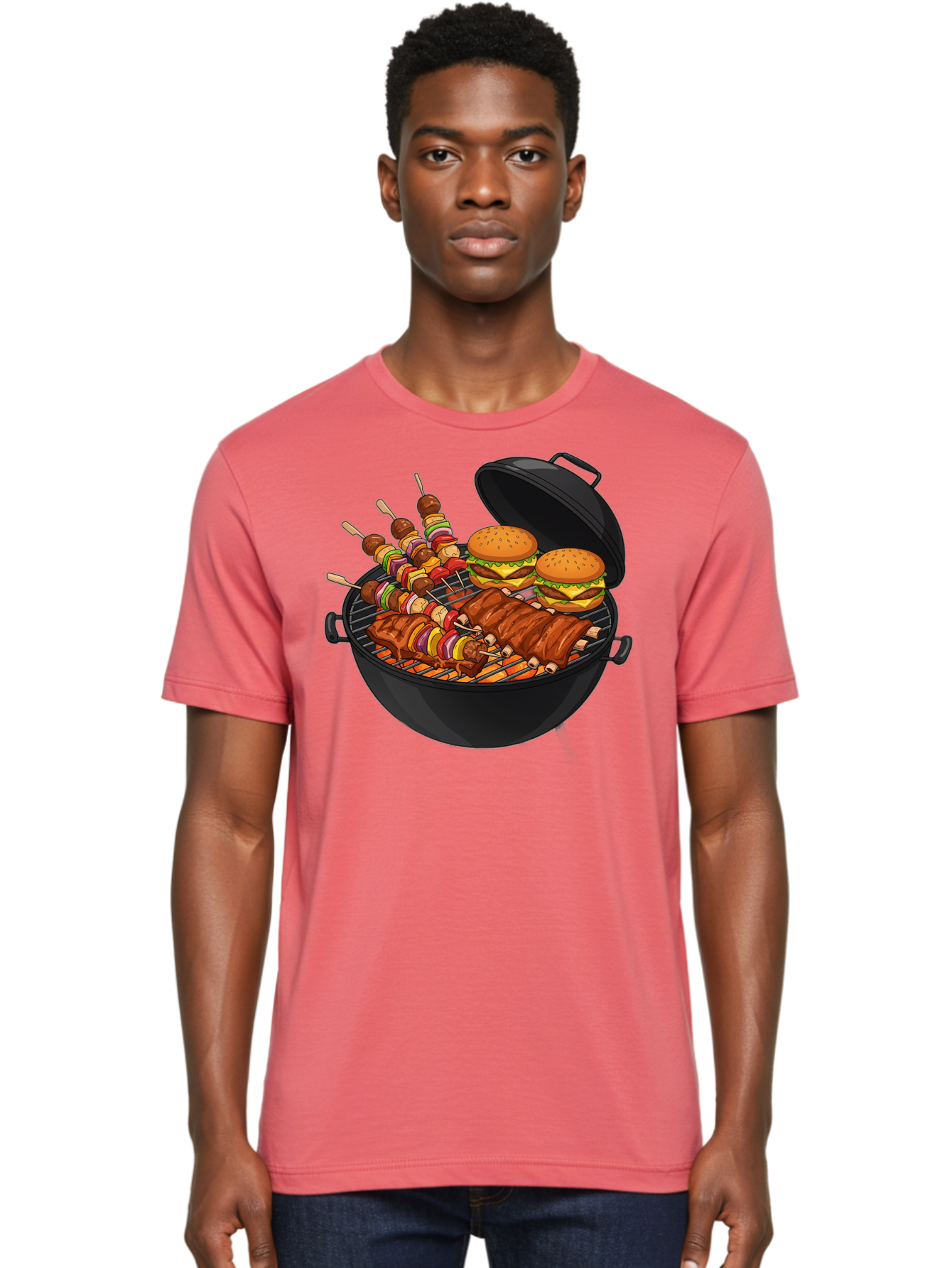 Bbq-Grilling Men'S Graphic Tee, 100% Cotton, Comfortable Casual Summer Wear, Machine Washable, Barbecue Grill, Grilled Food, Skewers, Hamburgers, Barbecue Ribs, Summer Cooking, Outdoor Dining, Grilled Cuisine, Barbecue Party, Savory Delights Bab674 21
