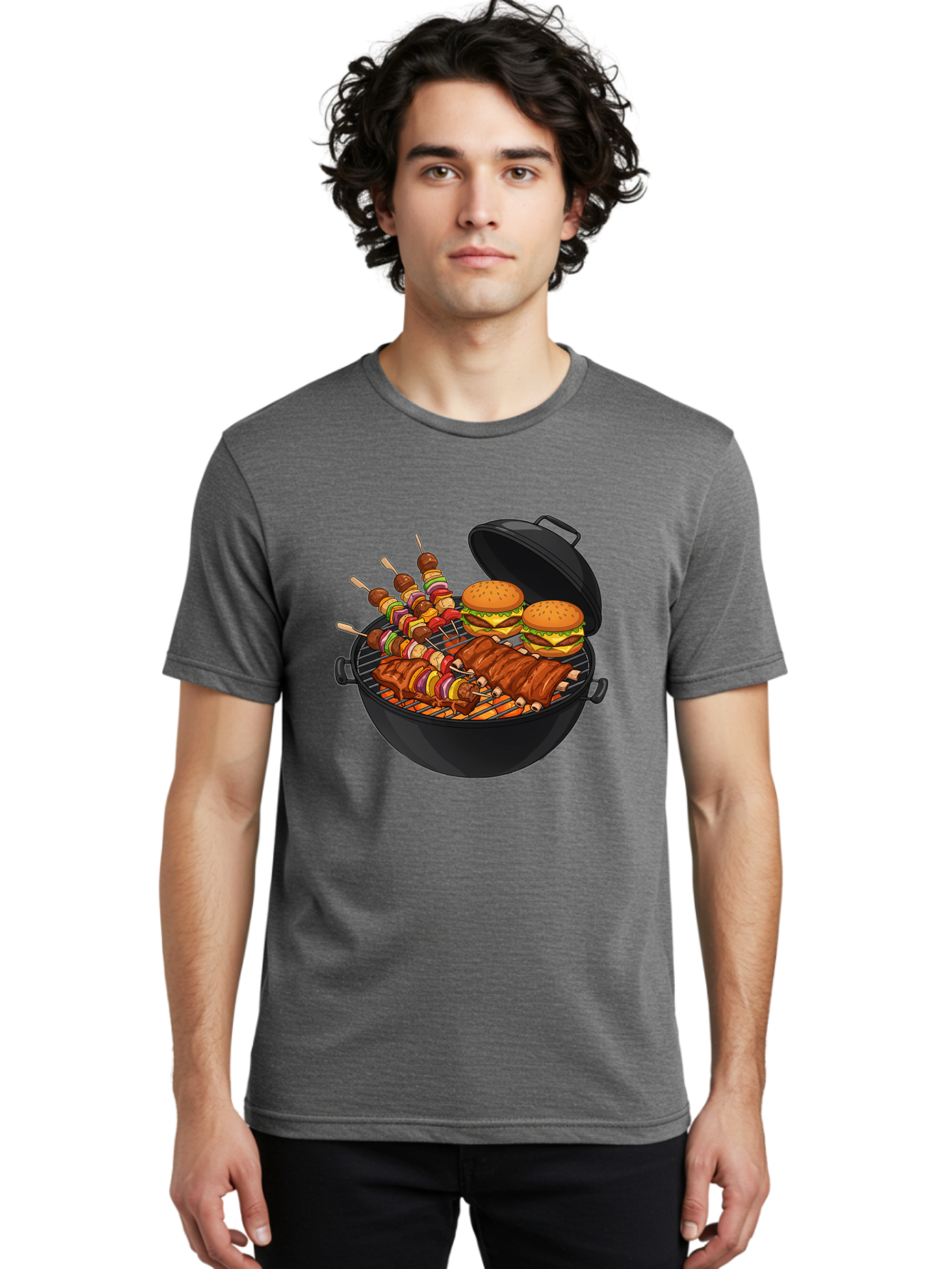 Bbq-Grilling Men'S Graphic Tee, 100% Cotton, Comfortable Casual Summer Wear, Machine Washable, Barbecue Grill, Grilled Food, Skewers, Hamburgers, Barbecue Ribs, Summer Cooking, Outdoor Dining, Grilled Cuisine, Barbecue Party, Savory Delights Bab674 19