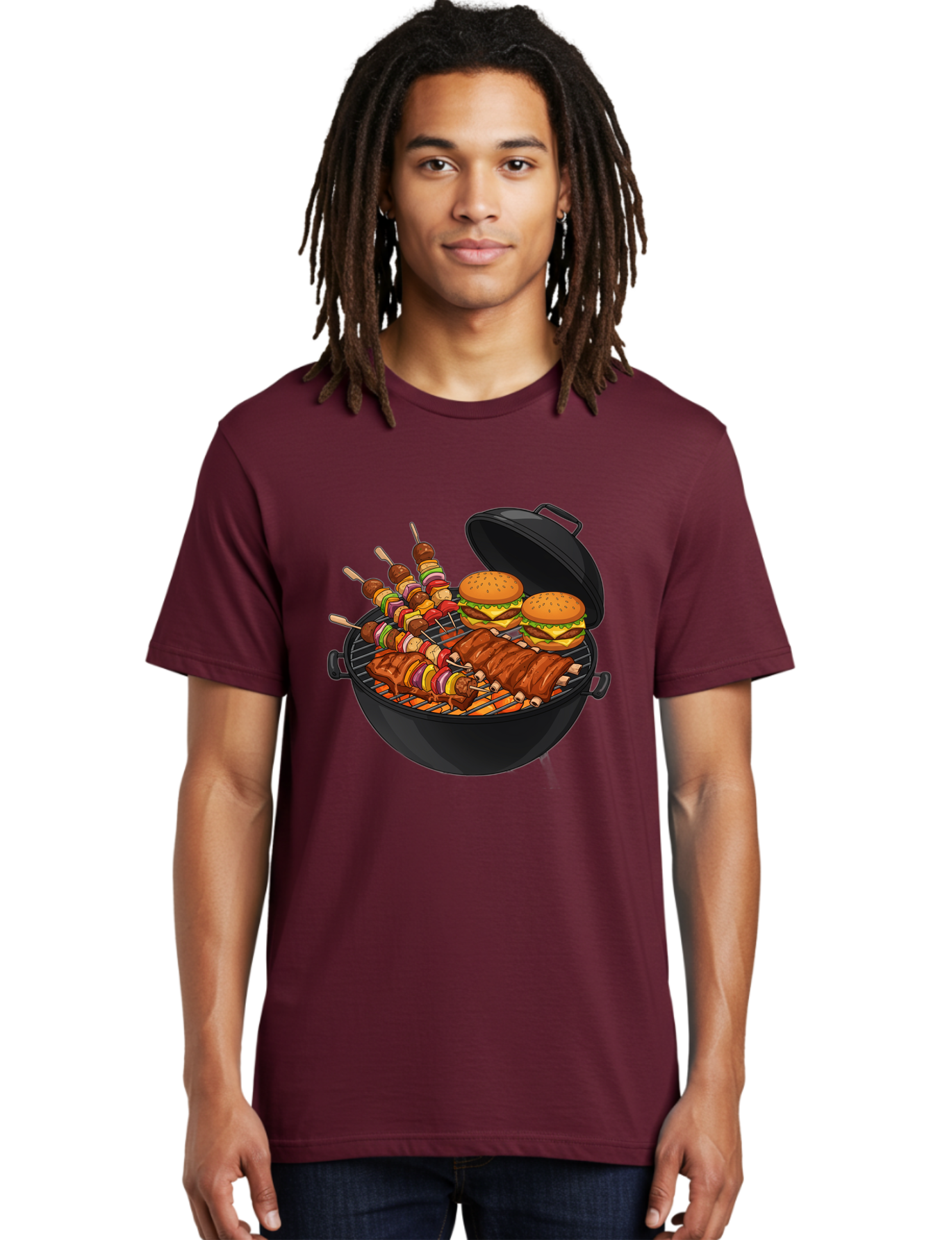 Bbq-Grilling Men'S Graphic Tee, 100% Cotton, Comfortable Casual Summer Wear, Machine Washable, Barbecue Grill, Grilled Food, Skewers, Hamburgers, Barbecue Ribs, Summer Cooking, Outdoor Dining, Grilled Cuisine, Barbecue Party, Savory Delights Bab674 24