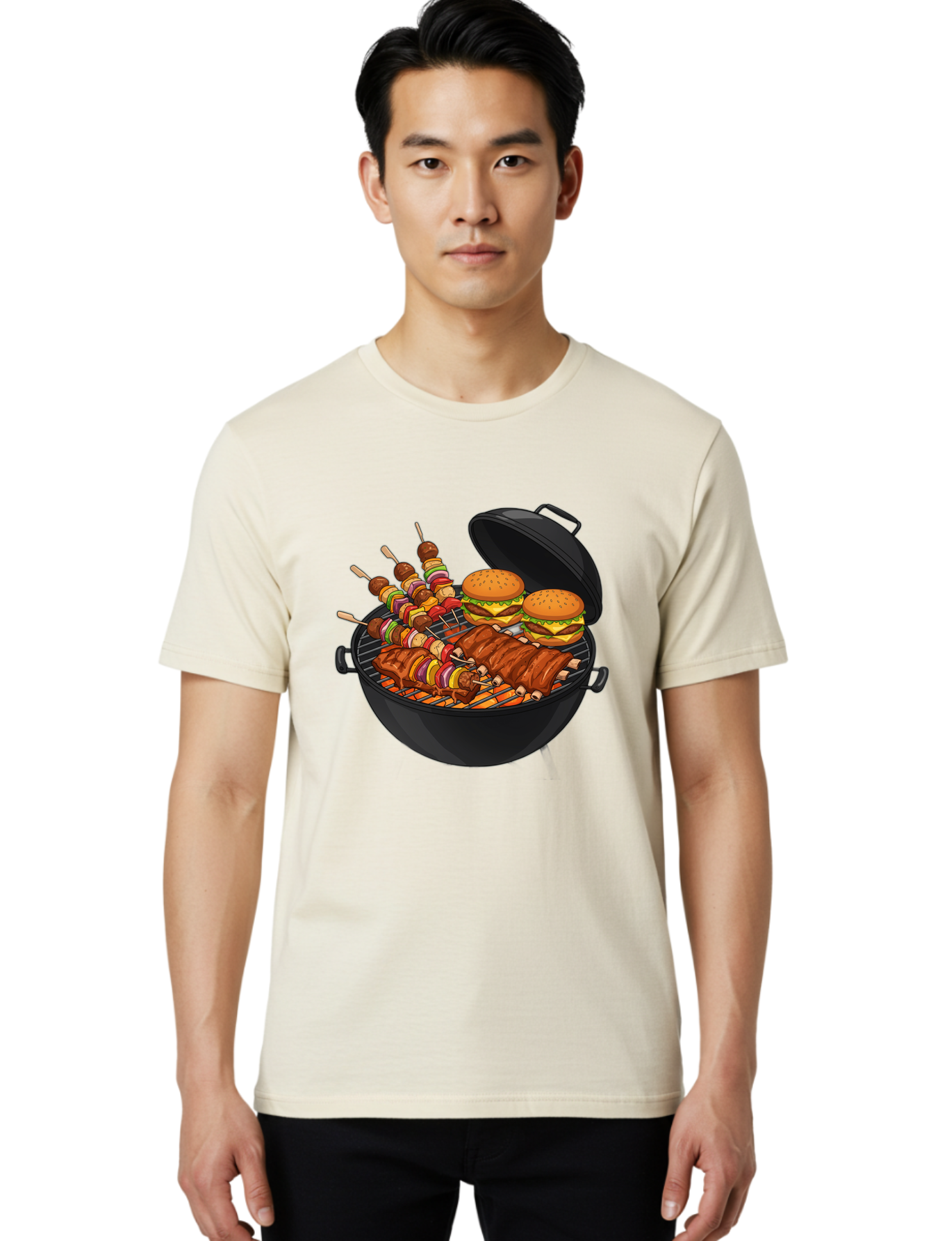 Bbq-Grilling Men'S Graphic Tee, 100% Cotton, Comfortable Casual Summer Wear, Machine Washable, Barbecue Grill, Grilled Food, Skewers, Hamburgers, Barbecue Ribs, Summer Cooking, Outdoor Dining, Grilled Cuisine, Barbecue Party, Savory Delights Bab674 27