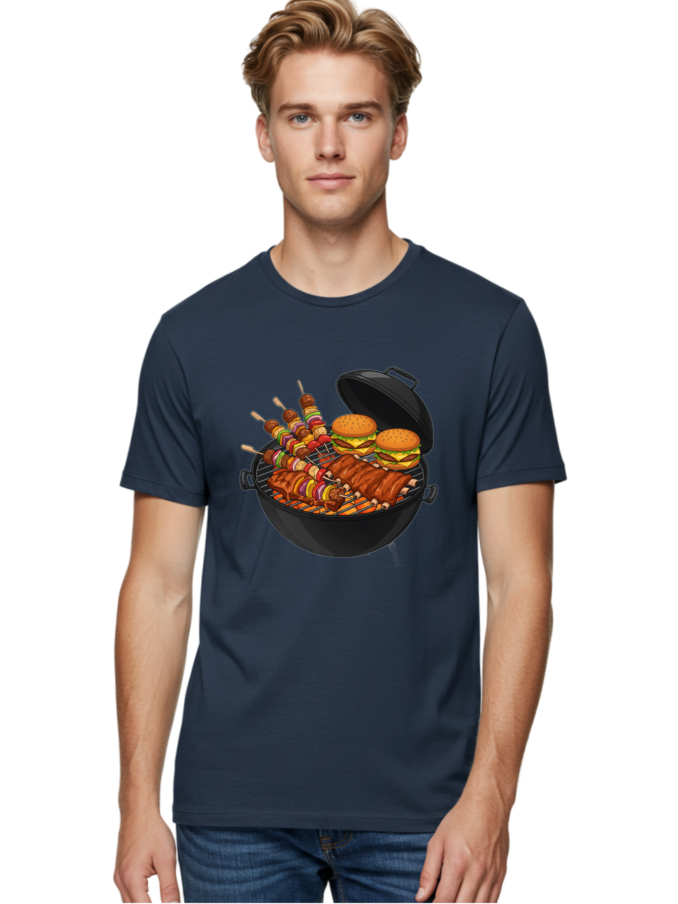 Bbq-Grilling Men'S Graphic Tee, 100% Cotton, Comfortable Casual Summer Wear, Machine Washable, Barbecue Grill, Grilled Food, Skewers, Hamburgers, Barbecue Ribs, Summer Cooking, Outdoor Dining, Grilled Cuisine, Barbecue Party, Savory Delights Bab674 17