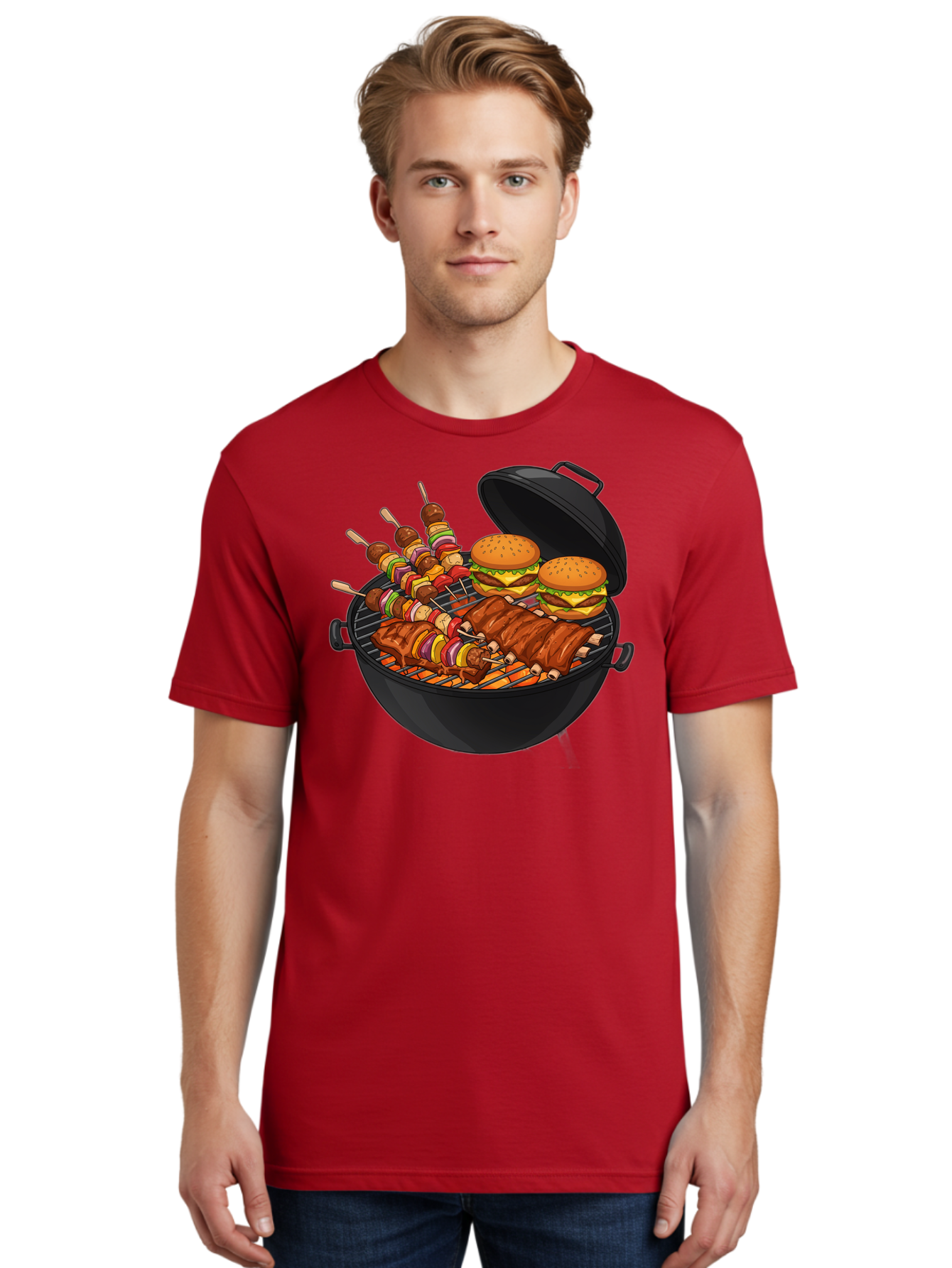 Bbq-Grilling Men'S Graphic Tee, 100% Cotton, Comfortable Casual Summer Wear, Machine Washable, Barbecue Grill, Grilled Food, Skewers, Hamburgers, Barbecue Ribs, Summer Cooking, Outdoor Dining, Grilled Cuisine, Barbecue Party, Savory Delights Bab674 16