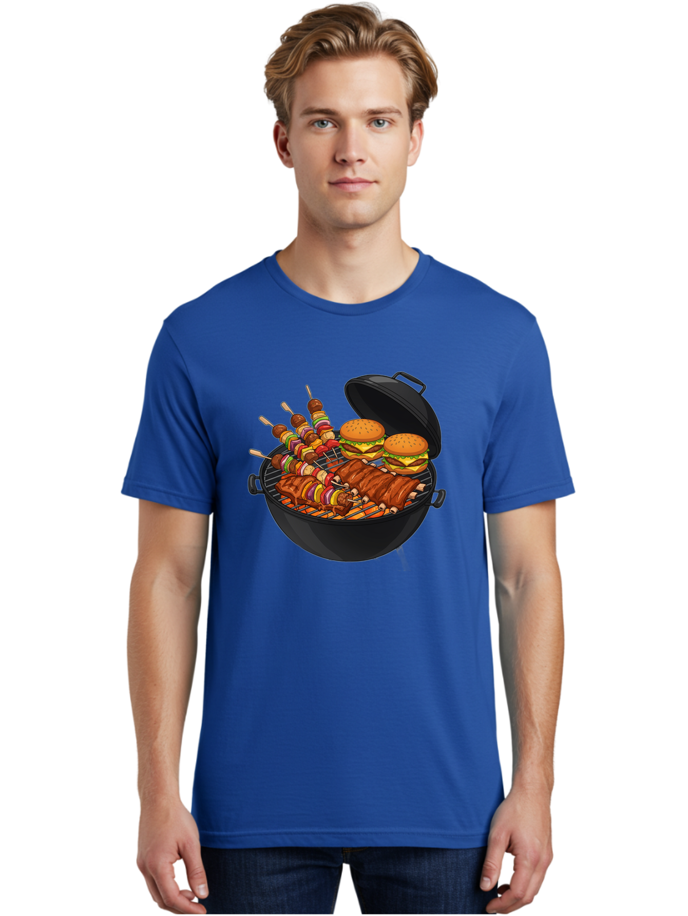 Bbq-Grilling Men'S Graphic Tee, 100% Cotton, Comfortable Casual Summer Wear, Machine Washable, Barbecue Grill, Grilled Food, Skewers, Hamburgers, Barbecue Ribs, Summer Cooking, Outdoor Dining, Grilled Cuisine, Barbecue Party, Savory Delights Bab674 23