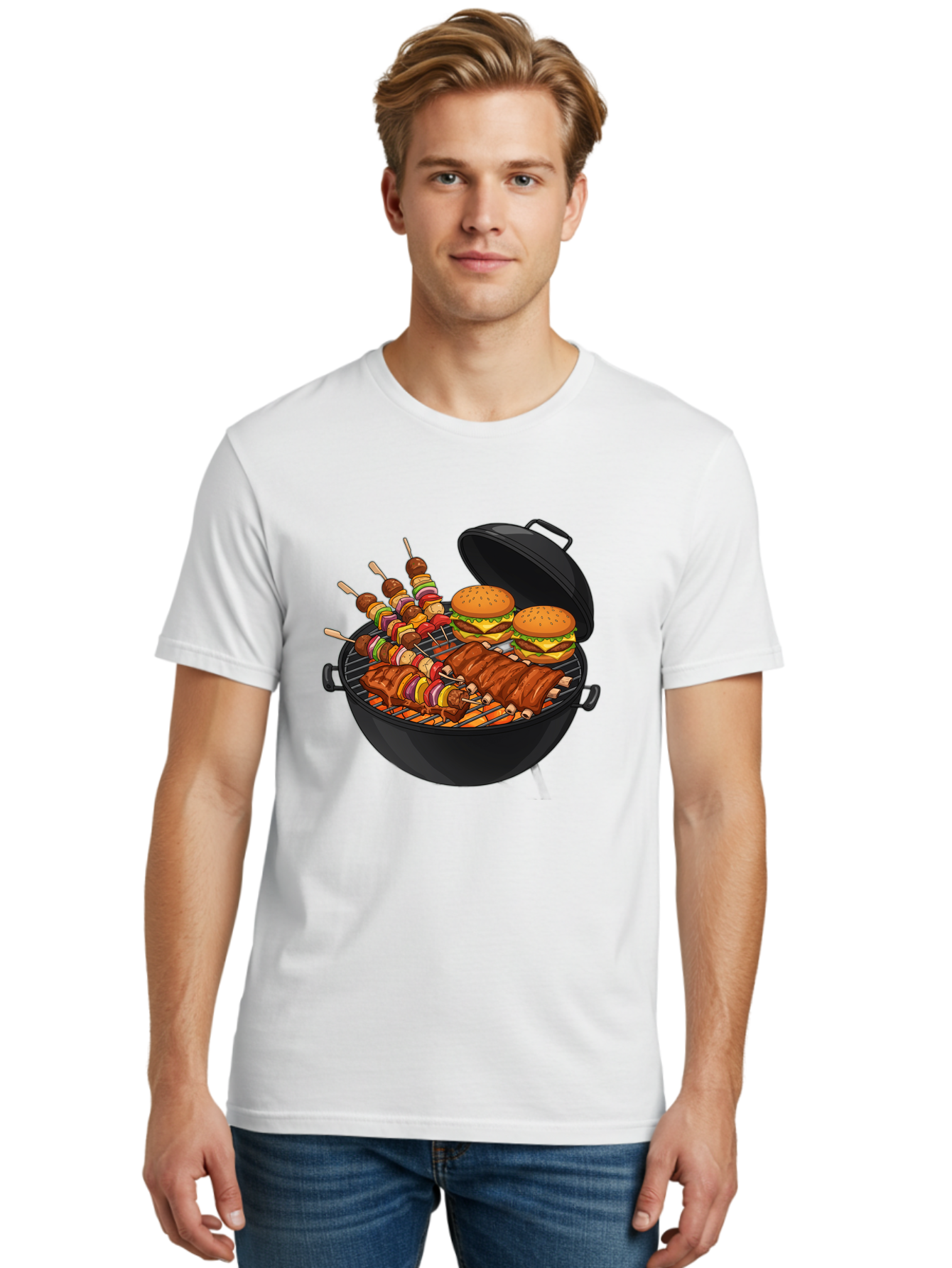 Bbq-Grilling Men'S Graphic Tee, 100% Cotton, Comfortable Casual Summer Wear, Machine Washable, Barbecue Grill, Grilled Food, Skewers, Hamburgers, Barbecue Ribs, Summer Cooking, Outdoor Dining, Grilled Cuisine, Barbecue Party, Savory Delights Bab674 26