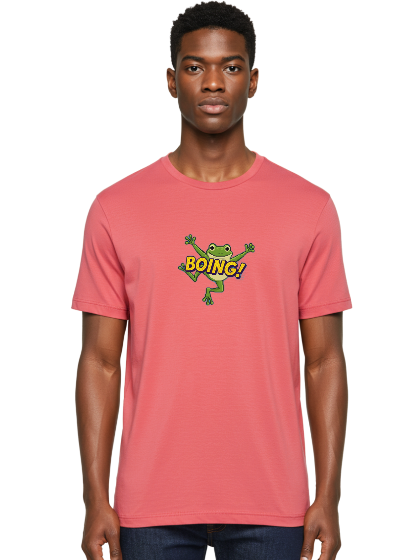 Boing-Frog-1 Men'S Graphic Tee, 100% Cotton, Comfortable Casual Summer Wear, Machine Washable, Funny Cartoon Frog, Playful Illustration, Cartoon Character, Comedic Graphic, Humorous Image, Entertaining Design, Boing! Text, Frog Jumping, Bab689 16