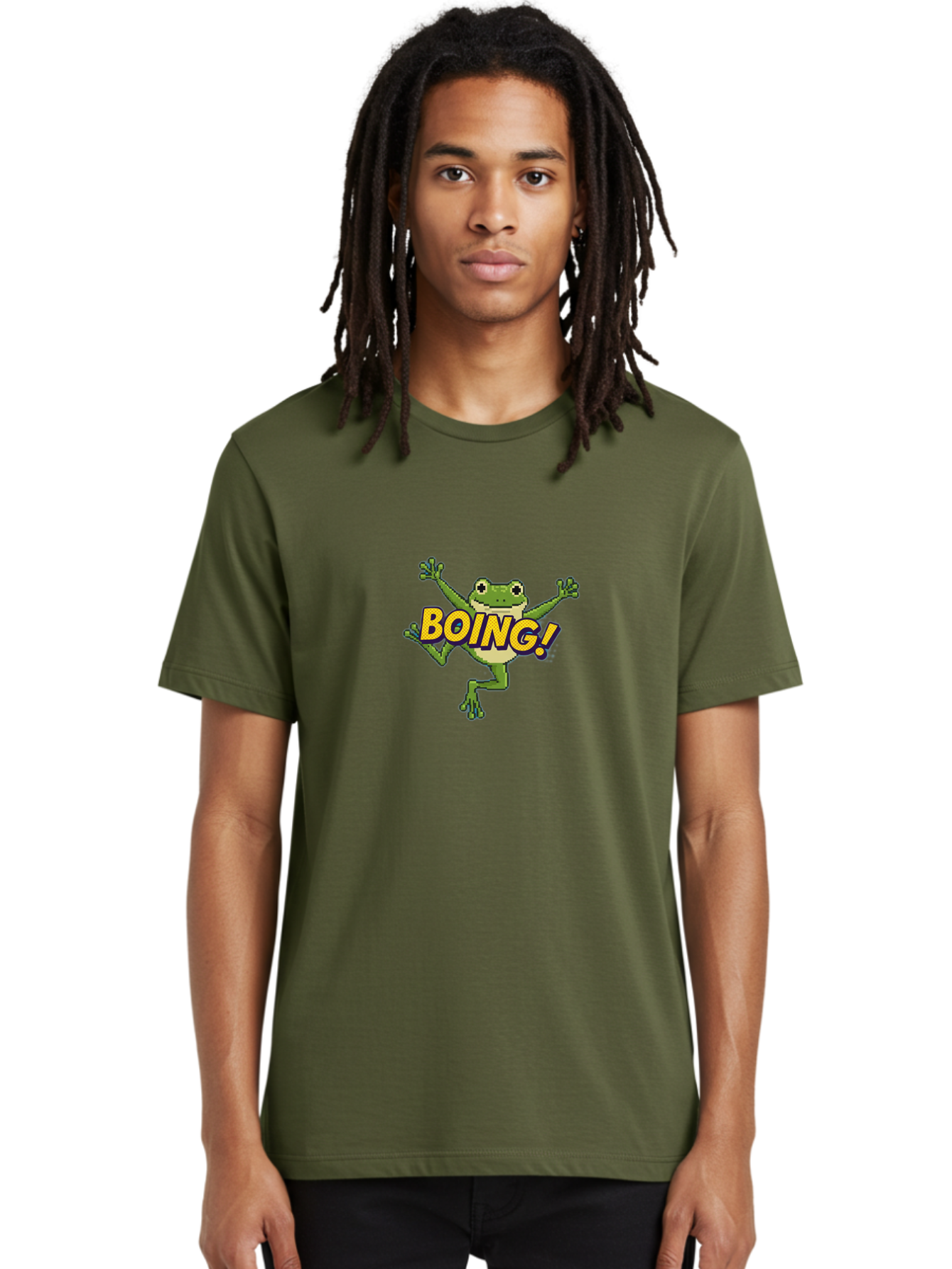 Boing-Frog-1 Men'S Graphic Tee, 100% Cotton, Comfortable Casual Summer Wear, Machine Washable, Funny Cartoon Frog, Playful Illustration, Cartoon Character, Comedic Graphic, Humorous Image, Entertaining Design, Boing! Text, Frog Jumping, Bab689 26