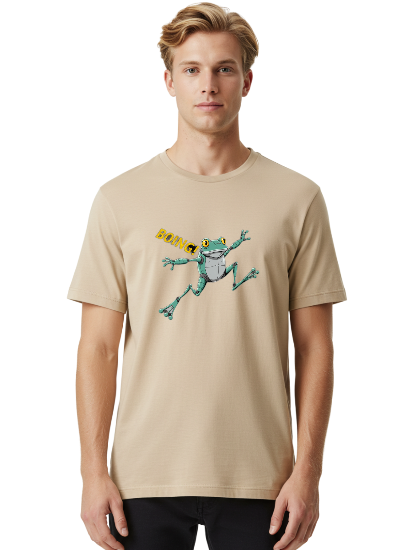 Boing-Frog-3 Men'S Graphic Tee, 100% Cotton, Comfortable Casual Summer Wear, Machine Washable, Cartoon Frog, Funny Animal, Playful Amphibian, Yellow Eyes, Jumping Motion, Comic Effect, Boing Text, Playful Vibe, Cartoon Character, Bab691 19
