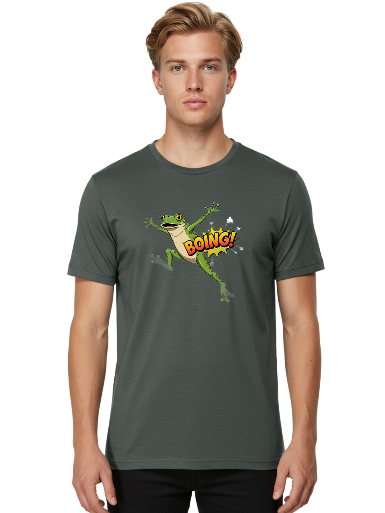 Boing-Frog Men'S Graphic Tee, 100% Cotton, Comfortable Casual Summer Wear, Machine Washable, Cartoon Frog Jumping, Comedic Relief, Humorous Illustration, Action Comic Style, Funny Amphibian, Playful Graphics, Boing! Text Effect, Dynamic Pose Bab692 20