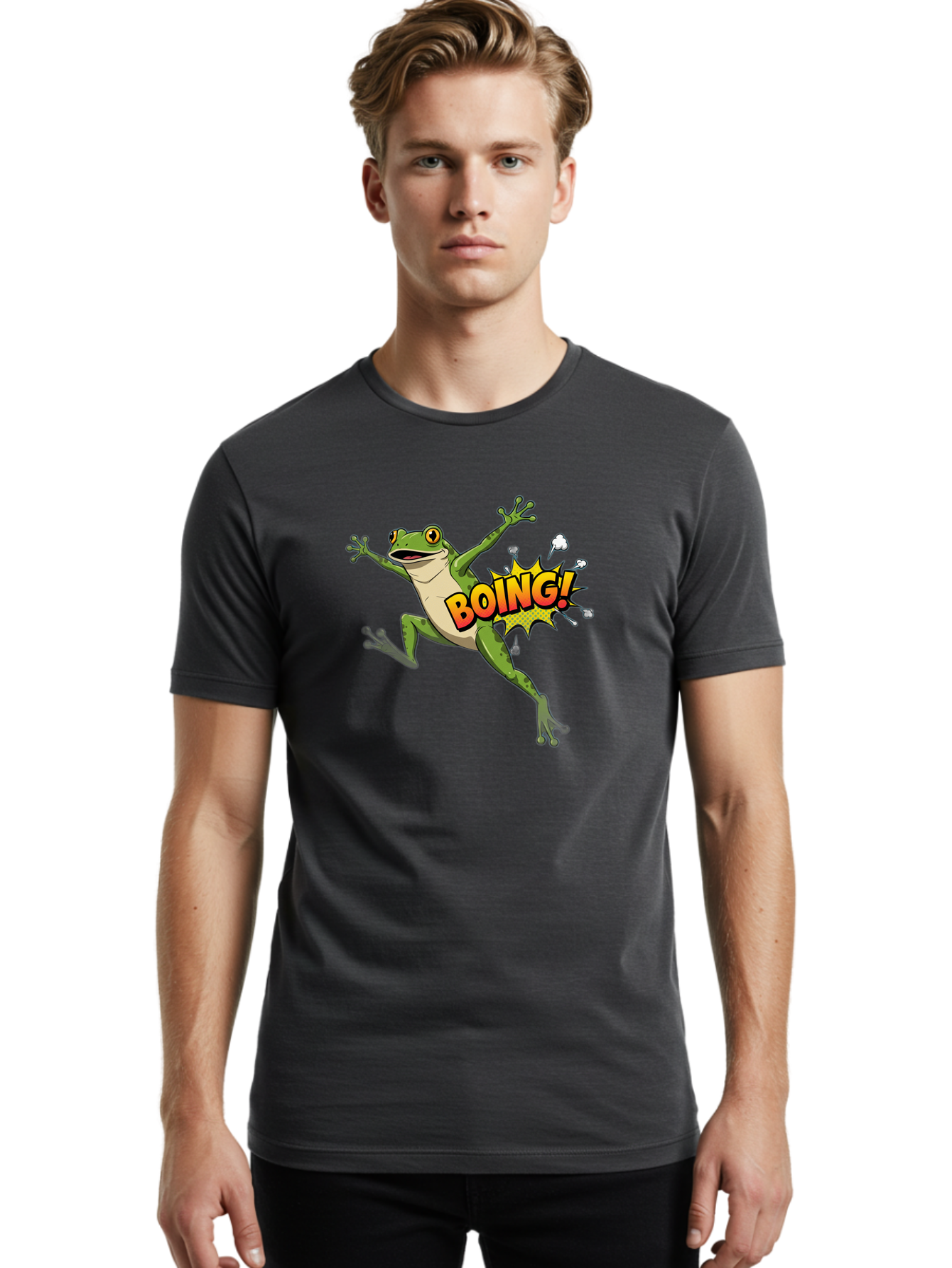 Boing-Frog Men'S Graphic Tee, 100% Cotton, Comfortable Casual Summer Wear, Machine Washable, Cartoon Frog Jumping, Comedic Relief, Humorous Illustration, Action Comic Style, Funny Amphibian, Playful Graphics, Boing! Text Effect, Dynamic Pose Bab692 22