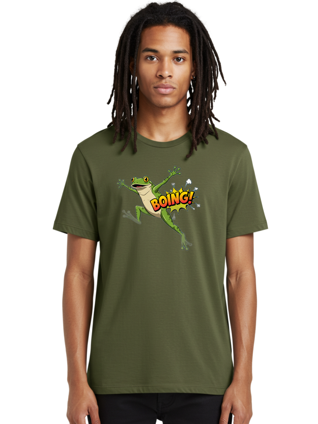 Boing-Frog Men'S Graphic Tee, 100% Cotton, Comfortable Casual Summer Wear, Machine Washable, Cartoon Frog Jumping, Comedic Relief, Humorous Illustration, Action Comic Style, Funny Amphibian, Playful Graphics, Boing! Text Effect, Dynamic Pose Bab692 24