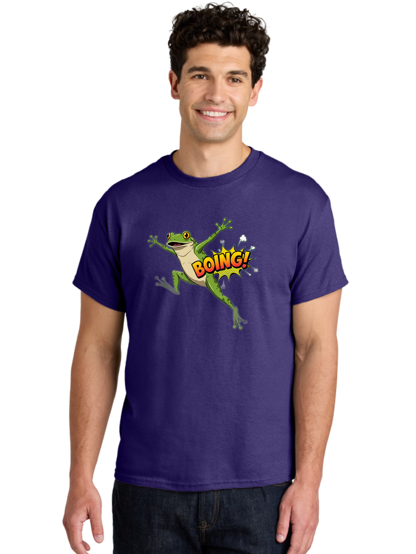 Boing-Frog Men'S Graphic Tee, 100% Cotton, Comfortable Casual Summer Wear, Machine Washable, Cartoon Frog Jumping, Comedic Relief, Humorous Illustration, Action Comic Style, Funny Amphibian, Playful Graphics, Boing! Text Effect, Dynamic Pose Bab692 25