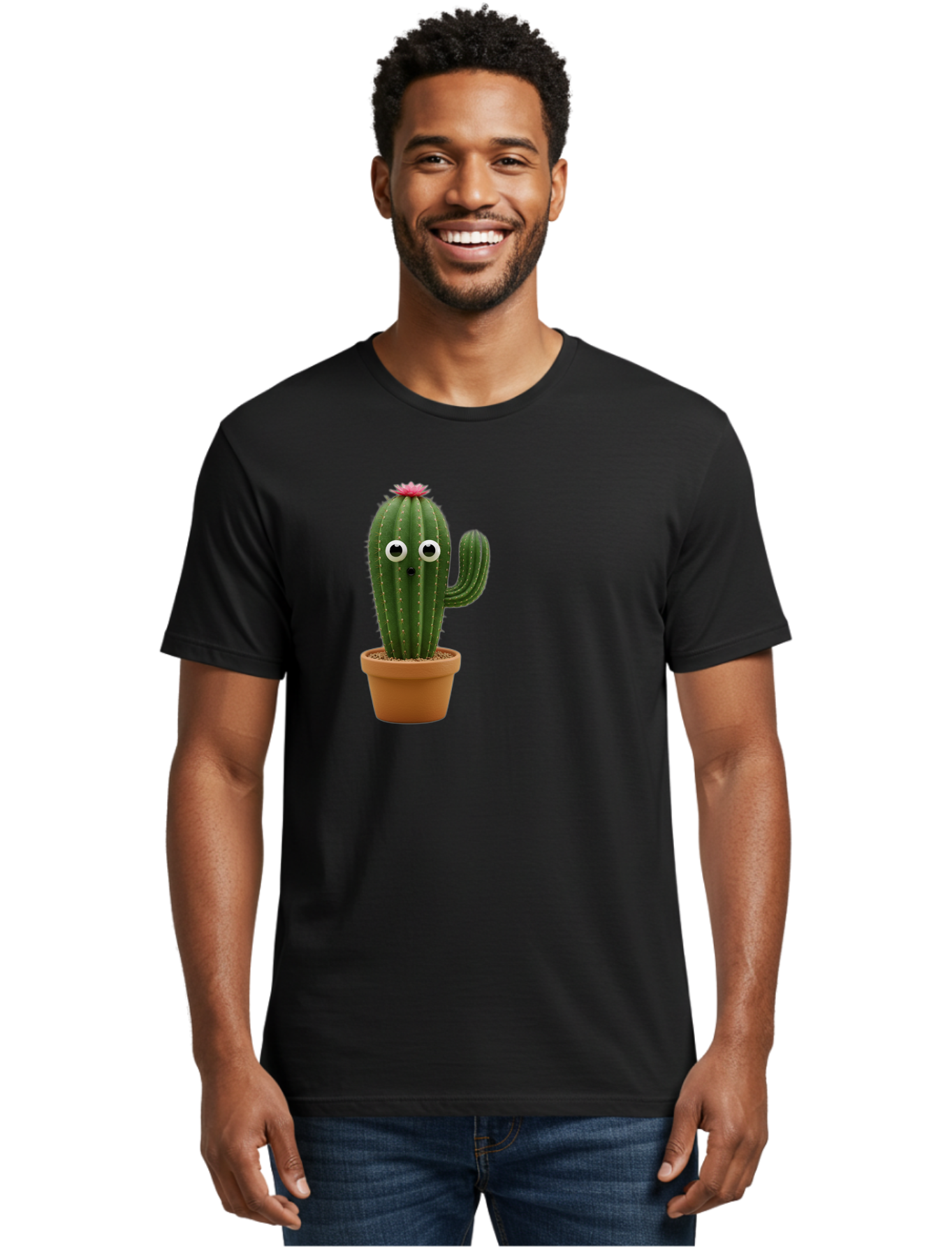 Cactus-With-Eyes Men'S Graphic Tee, 100% Cotton, Comfortable Casual Summer Wear, Machine Washable, Cute Cactus, Cartoon Character, Funny Face, Googley Eyes, Potted Plant, Succulent, Quirky Decor, Whimsical Design, Indoor Plants, Kawaii Bab703 18