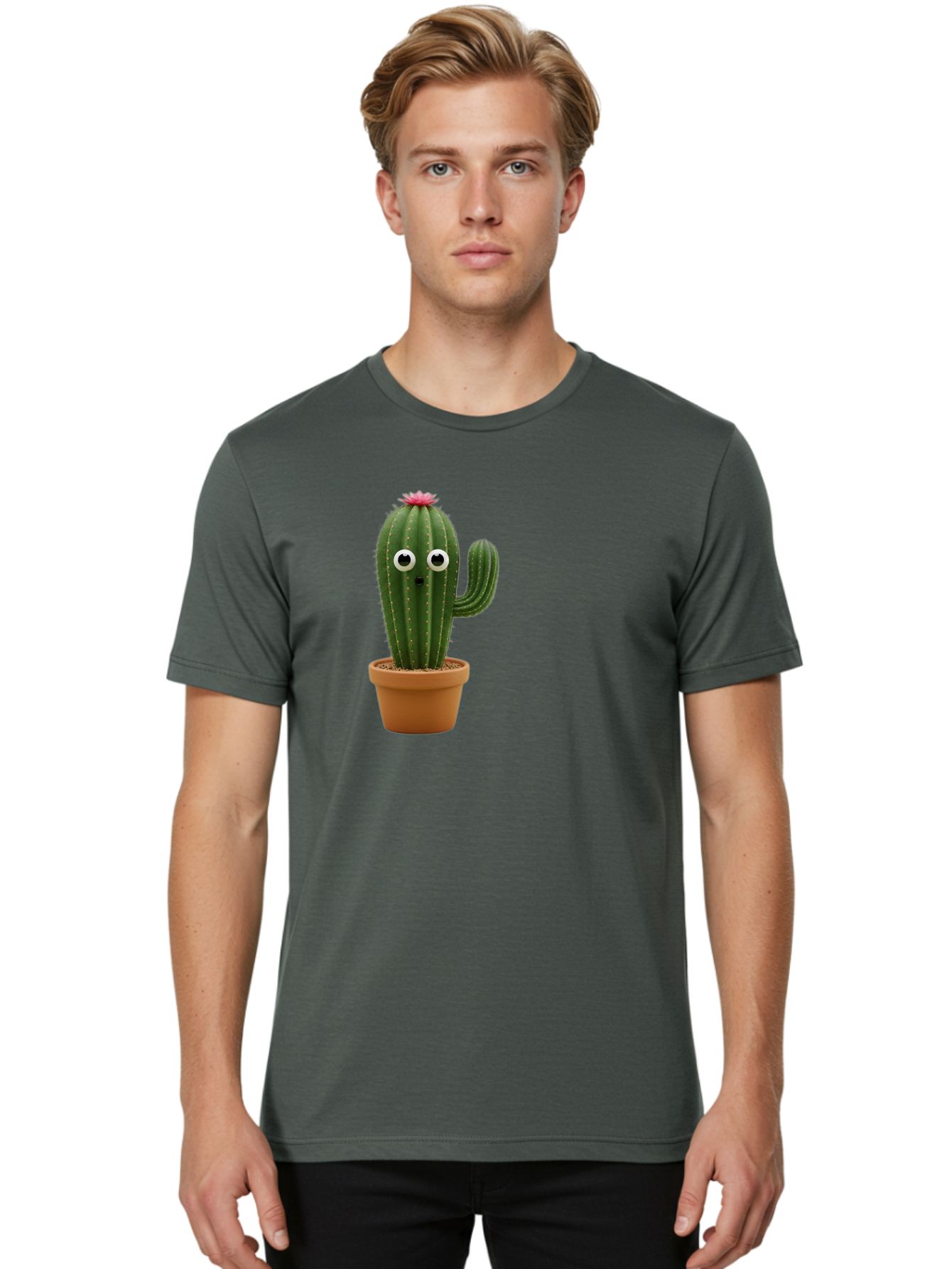Cactus-With-Eyes Men'S Graphic Tee, 100% Cotton, Comfortable Casual Summer Wear, Machine Washable, Cute Cactus, Cartoon Character, Funny Face, Googley Eyes, Potted Plant, Succulent, Quirky Decor, Whimsical Design, Indoor Plants, Kawaii Bab703 26