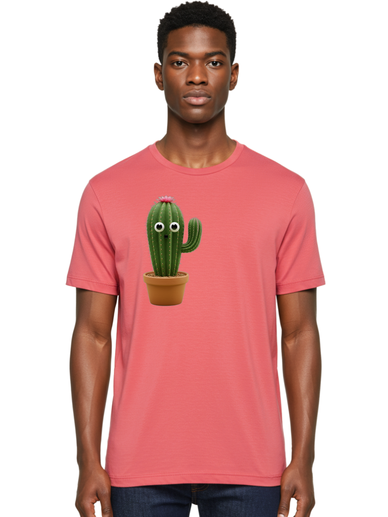 Cactus-With-Eyes Men'S Graphic Tee, 100% Cotton, Comfortable Casual Summer Wear, Machine Washable, Cute Cactus, Cartoon Character, Funny Face, Googley Eyes, Potted Plant, Succulent, Quirky Decor, Whimsical Design, Indoor Plants, Kawaii Bab703 29