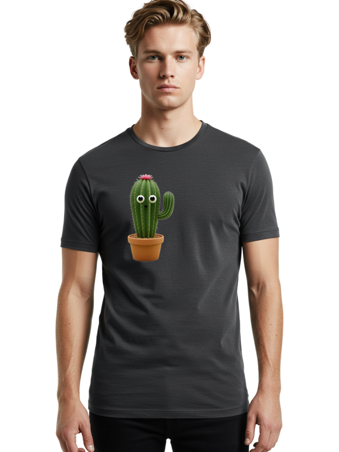Cactus-With-Eyes Men'S Graphic Tee, 100% Cotton, Comfortable Casual Summer Wear, Machine Washable, Cute Cactus, Cartoon Character, Funny Face, Googley Eyes, Potted Plant, Succulent, Quirky Decor, Whimsical Design, Indoor Plants, Kawaii Bab703 24