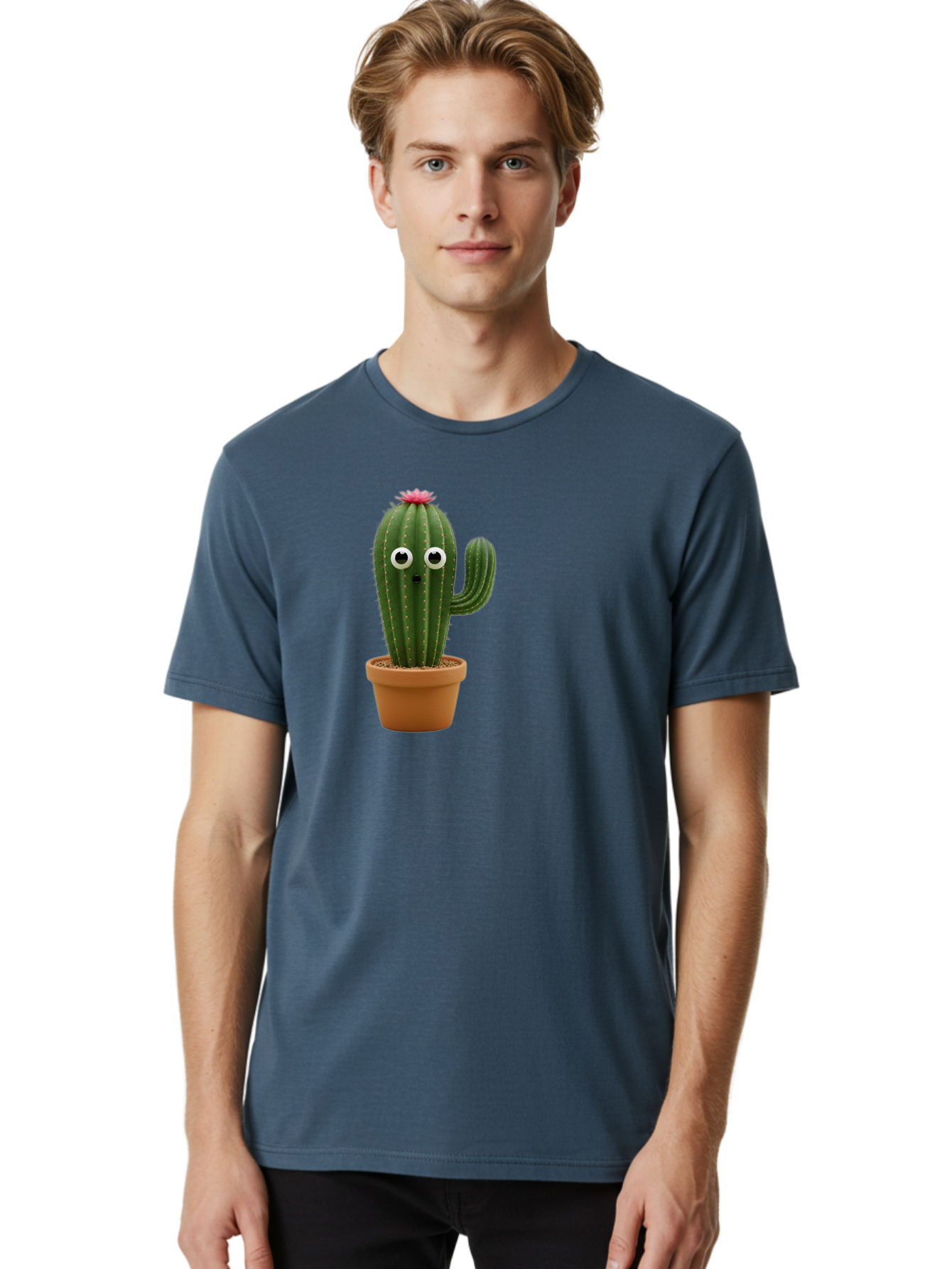 Cactus-With-Eyes Men'S Graphic Tee, 100% Cotton, Comfortable Casual Summer Wear, Machine Washable, Cute Cactus, Cartoon Character, Funny Face, Googley Eyes, Potted Plant, Succulent, Quirky Decor, Whimsical Design, Indoor Plants, Kawaii Bab703 22