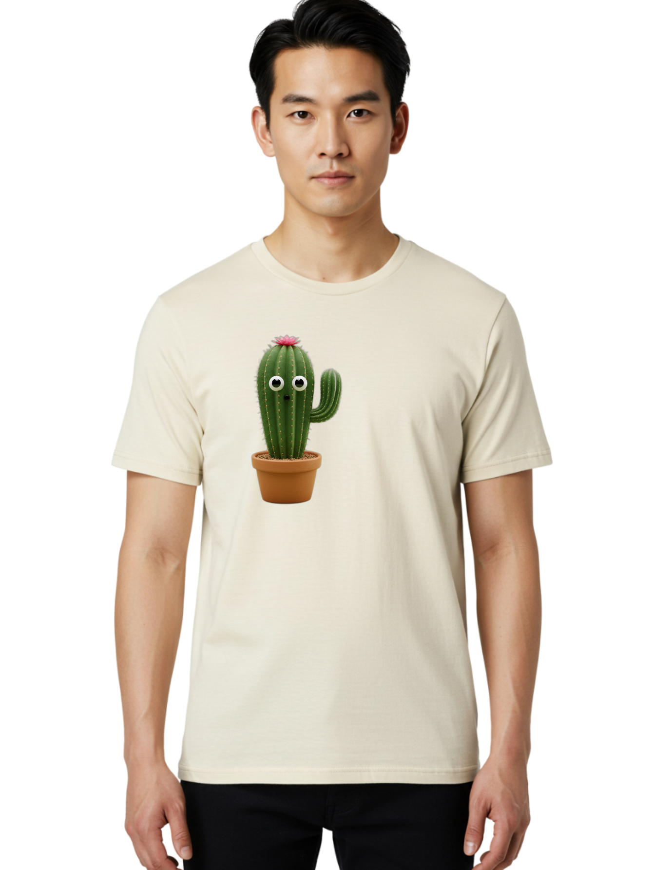 Cactus-With-Eyes Men'S Graphic Tee, 100% Cotton, Comfortable Casual Summer Wear, Machine Washable, Cute Cactus, Cartoon Character, Funny Face, Googley Eyes, Potted Plant, Succulent, Quirky Decor, Whimsical Design, Indoor Plants, Kawaii Bab703 19