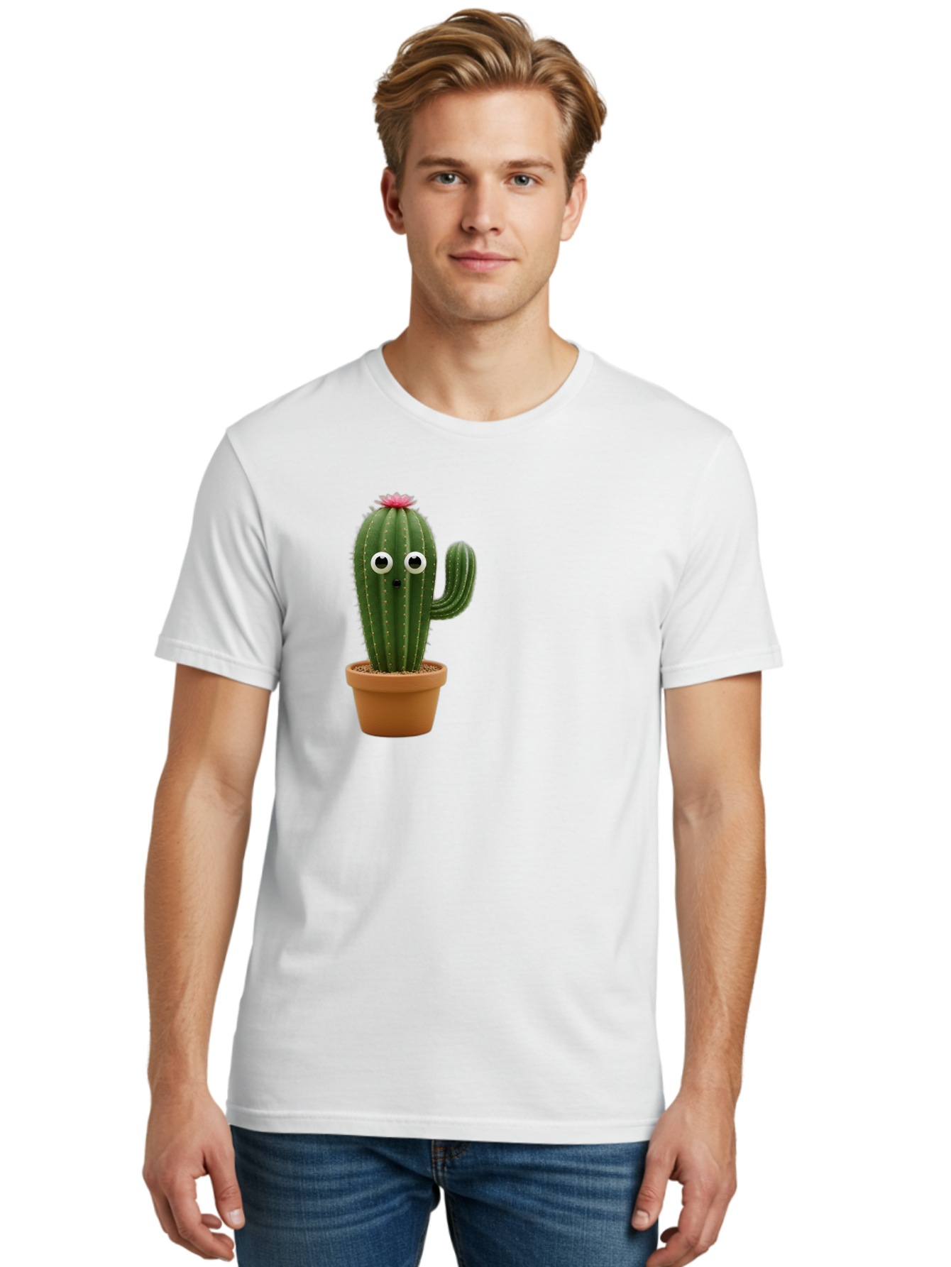 Cactus-With-Eyes Men'S Graphic Tee, 100% Cotton, Comfortable Casual Summer Wear, Machine Washable, Cute Cactus, Cartoon Character, Funny Face, Googley Eyes, Potted Plant, Succulent, Quirky Decor, Whimsical Design, Indoor Plants, Kawaii Bab703 27