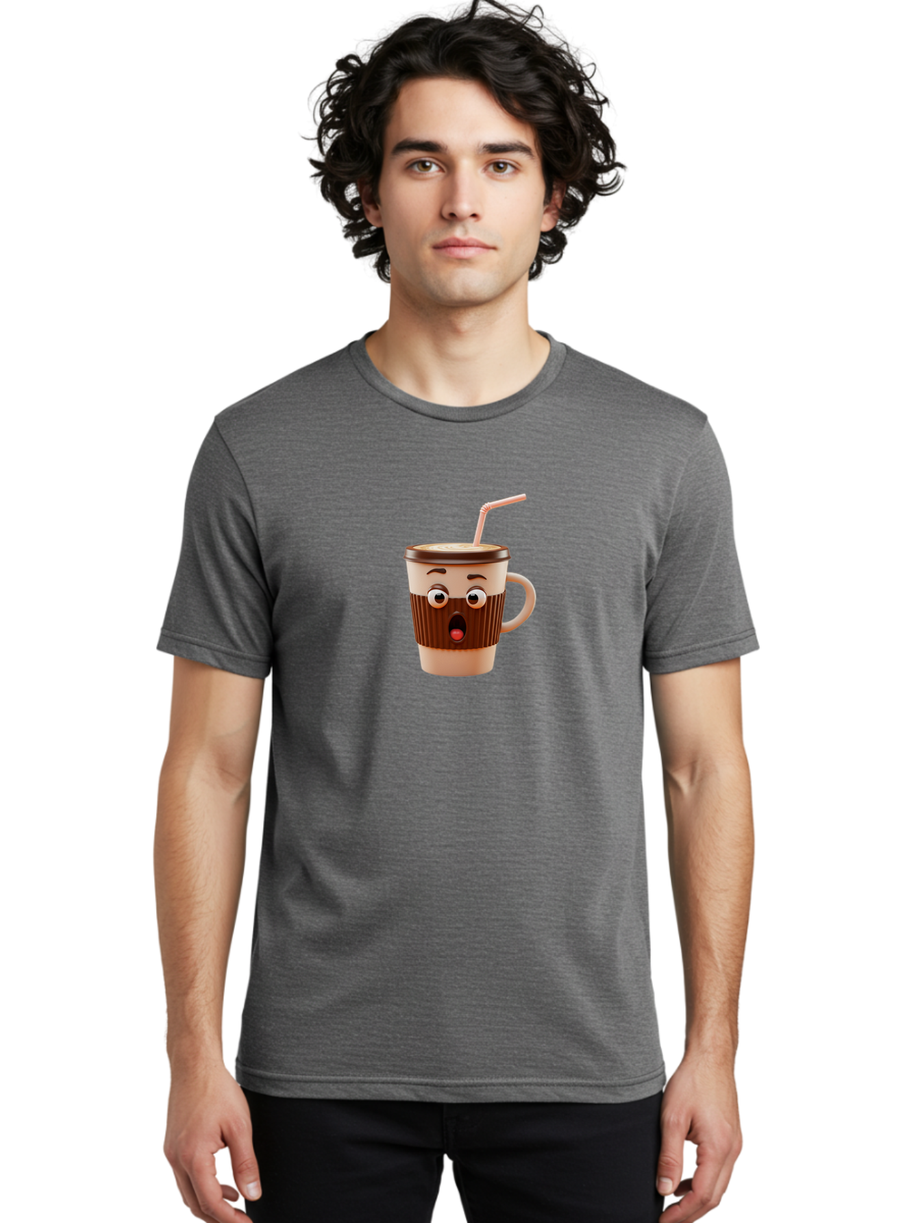 Cafe-Cup Men'S Graphic Tee, 100% Cotton, Comfortable Casual Summer Wear, Machine Washable, Cartoon Coffee Cup, Surprised Expression, Anthropomorphic Design, Coffee Beverage, Disposable Cup, Straw, Shocked Face, Funny Character Bab705 17