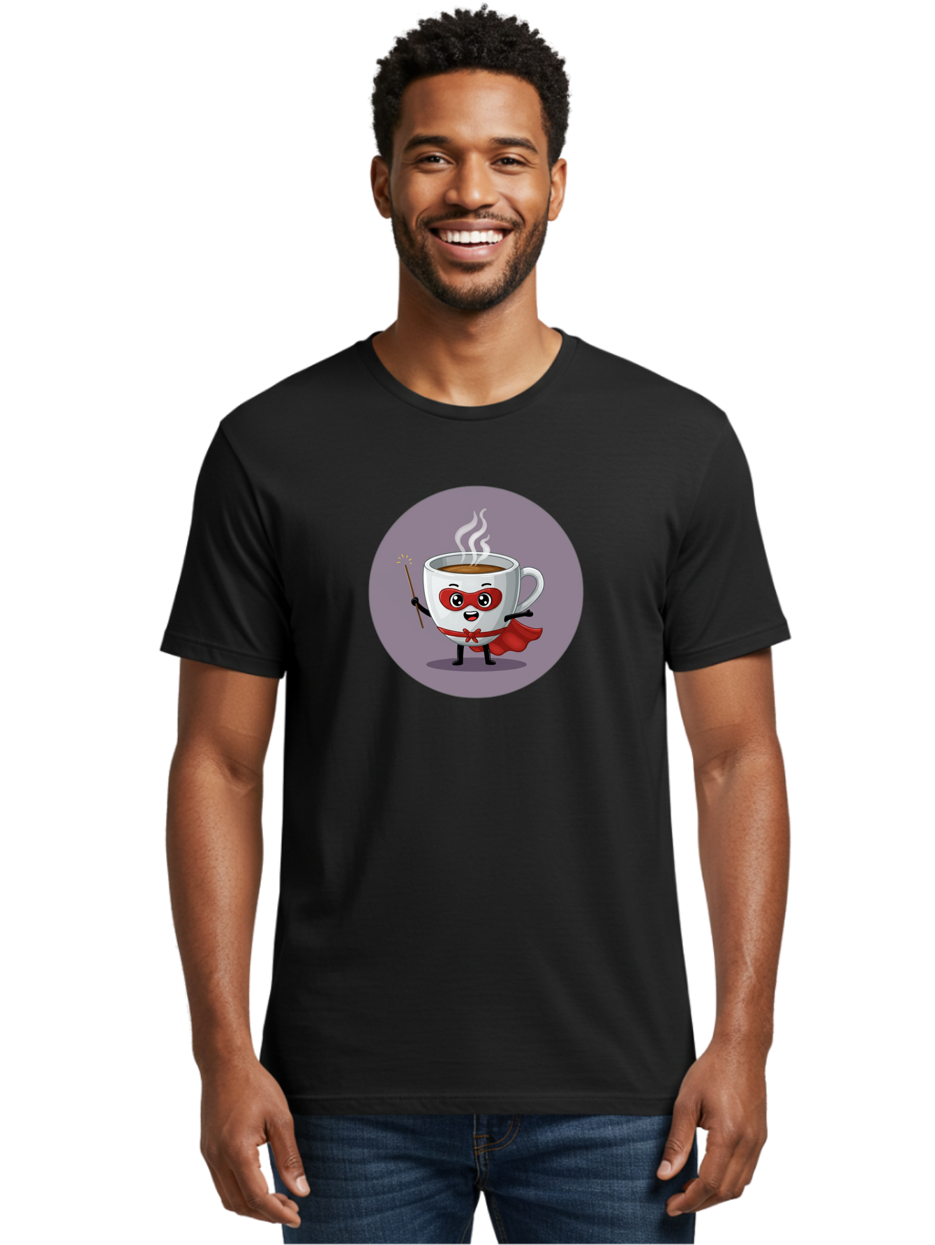 Cafe-Hero Men'S Graphic Tee, 100% Cotton, Comfortable Casual Summer Wear, Machine Washable, Cartoon Coffee Cup, Superhero Theme, Red Mask, Red Cape, Magical Wand, Steaming Hot Coffee, Funny Character, Animated Beverage Bab706 28