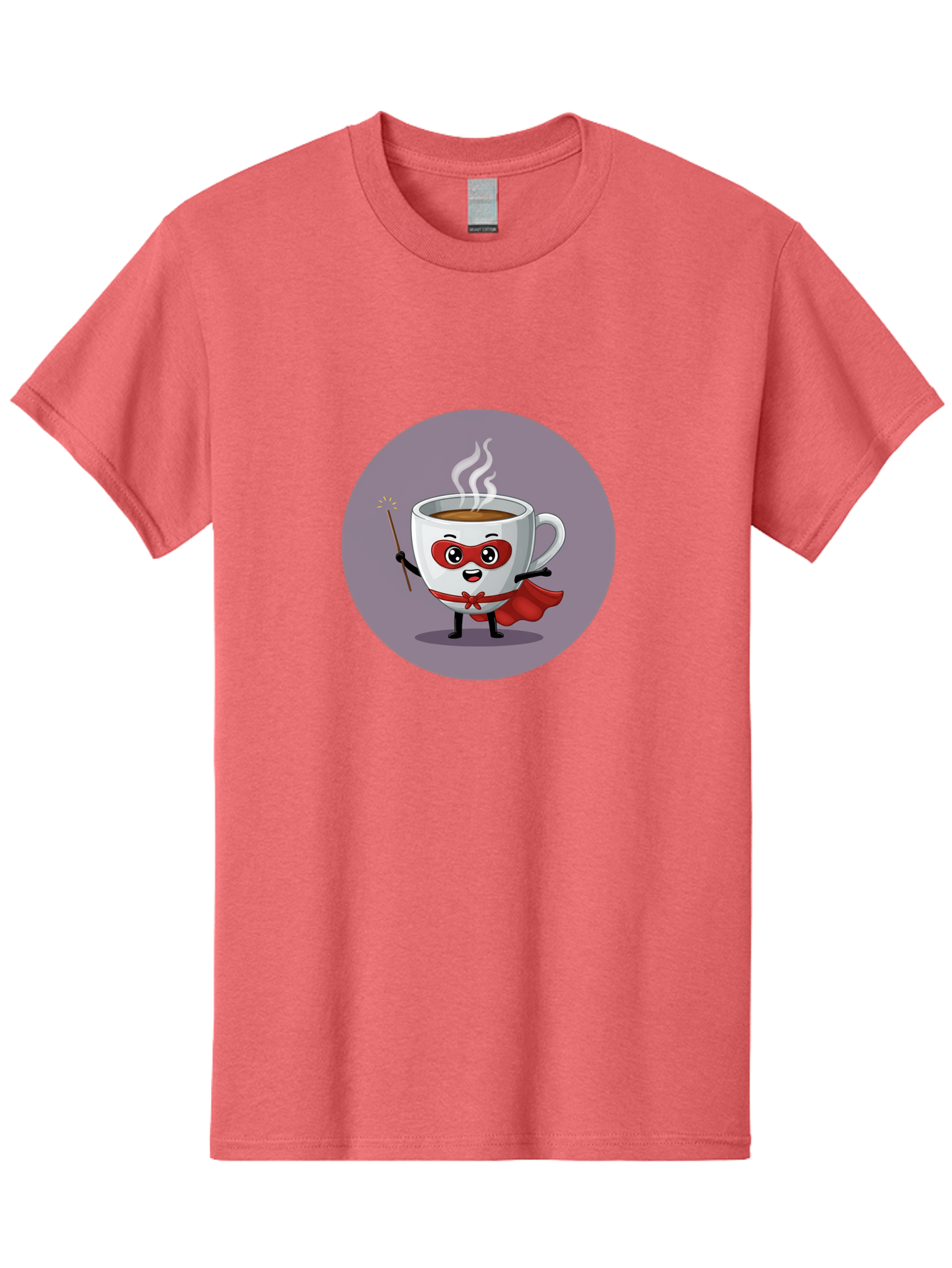 Cafe-Hero Men'S Graphic Tee, 100% Cotton, Comfortable Casual Summer Wear, Machine Washable, Cartoon Coffee Cup, Superhero Theme, Red Mask, Red Cape, Magical Wand, Steaming Hot Coffee, Funny Character, Animated Beverage Bab706 1