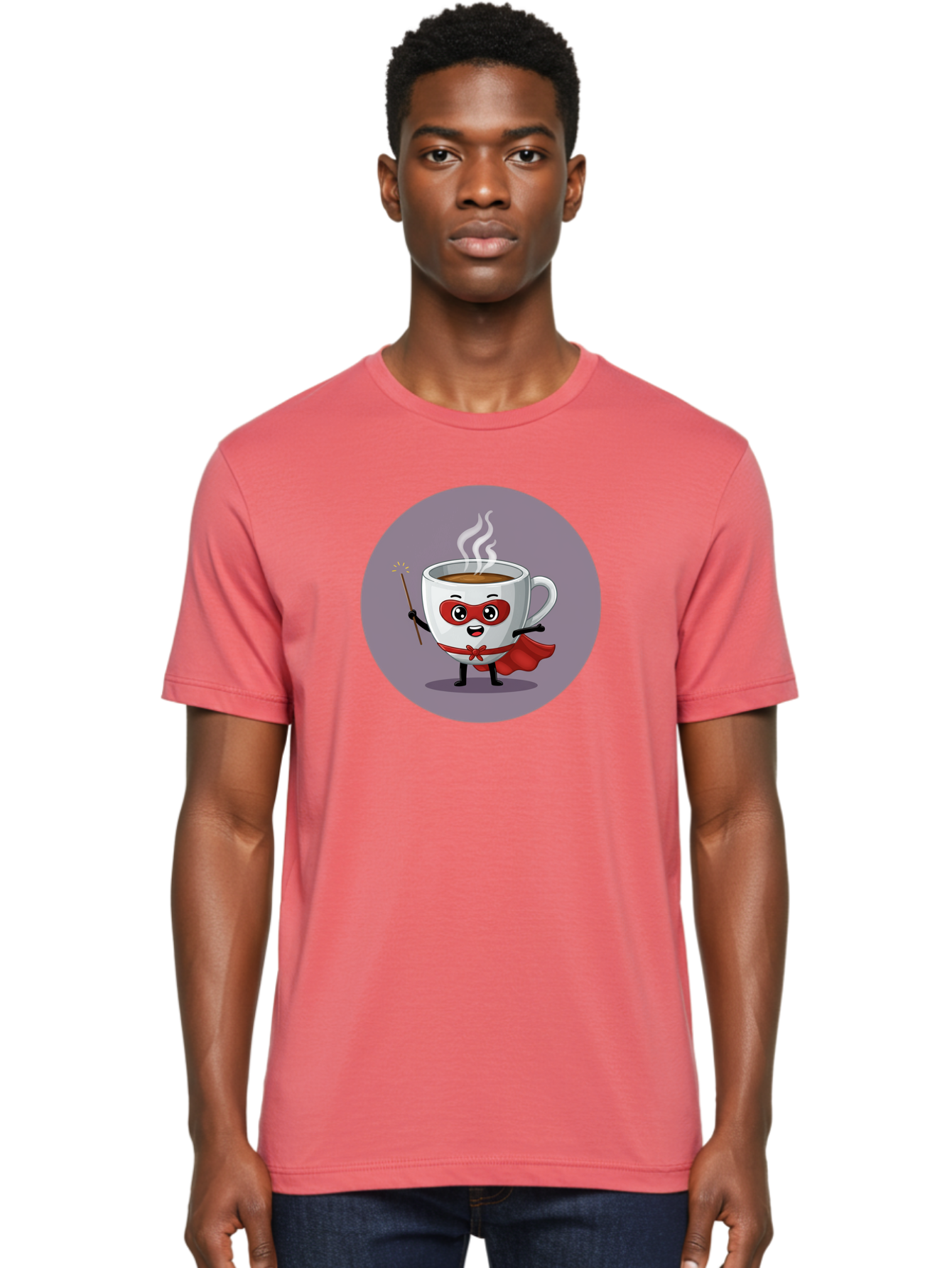 Cafe-Hero Men'S Graphic Tee, 100% Cotton, Comfortable Casual Summer Wear, Machine Washable, Cartoon Coffee Cup, Superhero Theme, Red Mask, Red Cape, Magical Wand, Steaming Hot Coffee, Funny Character, Animated Beverage Bab706 16