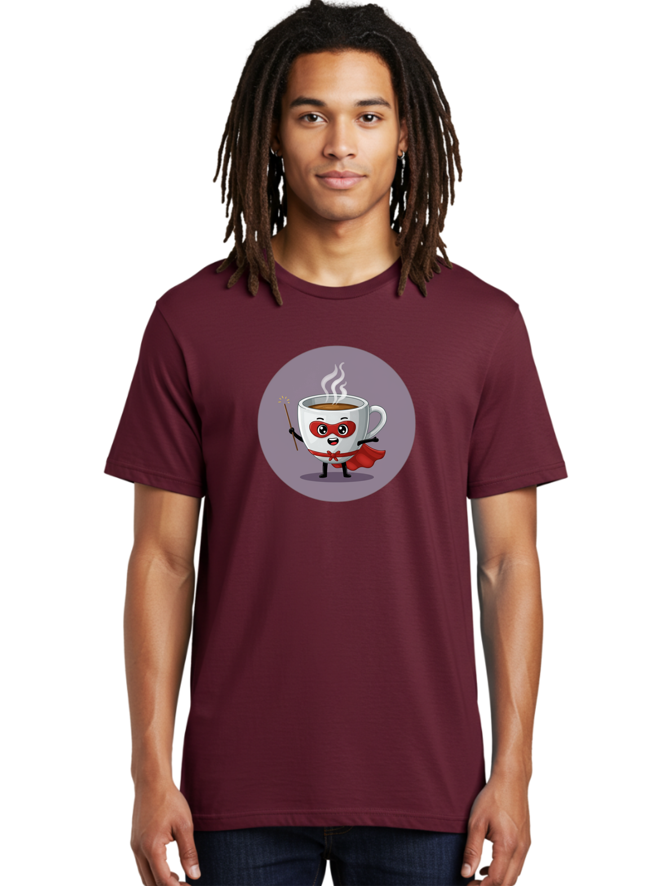 Cafe-Hero Men'S Graphic Tee, 100% Cotton, Comfortable Casual Summer Wear, Machine Washable, Cartoon Coffee Cup, Superhero Theme, Red Mask, Red Cape, Magical Wand, Steaming Hot Coffee, Funny Character, Animated Beverage Bab706 18