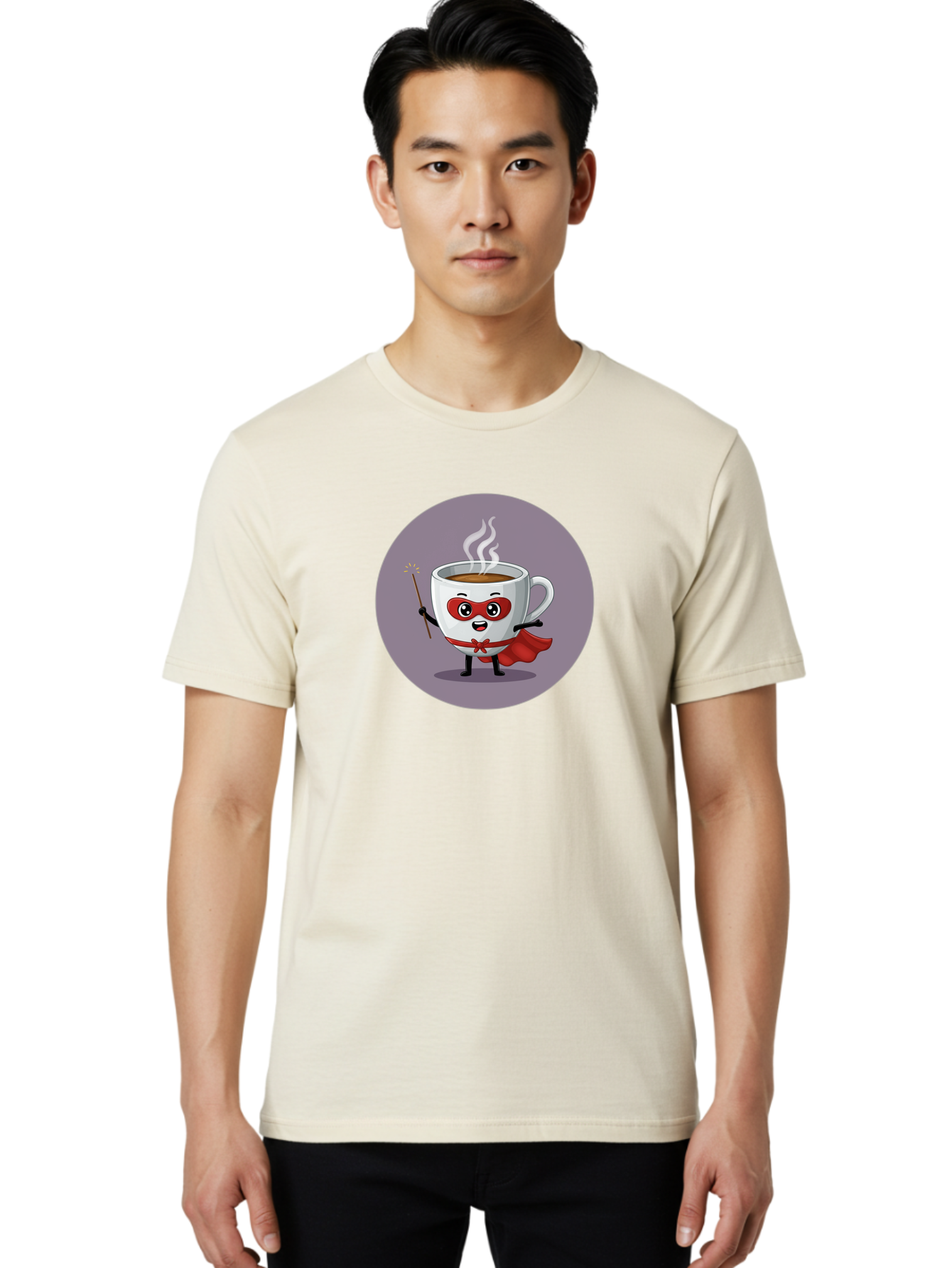 Cafe-Hero Men'S Graphic Tee, 100% Cotton, Comfortable Casual Summer Wear, Machine Washable, Cartoon Coffee Cup, Superhero Theme, Red Mask, Red Cape, Magical Wand, Steaming Hot Coffee, Funny Character, Animated Beverage Bab706 26