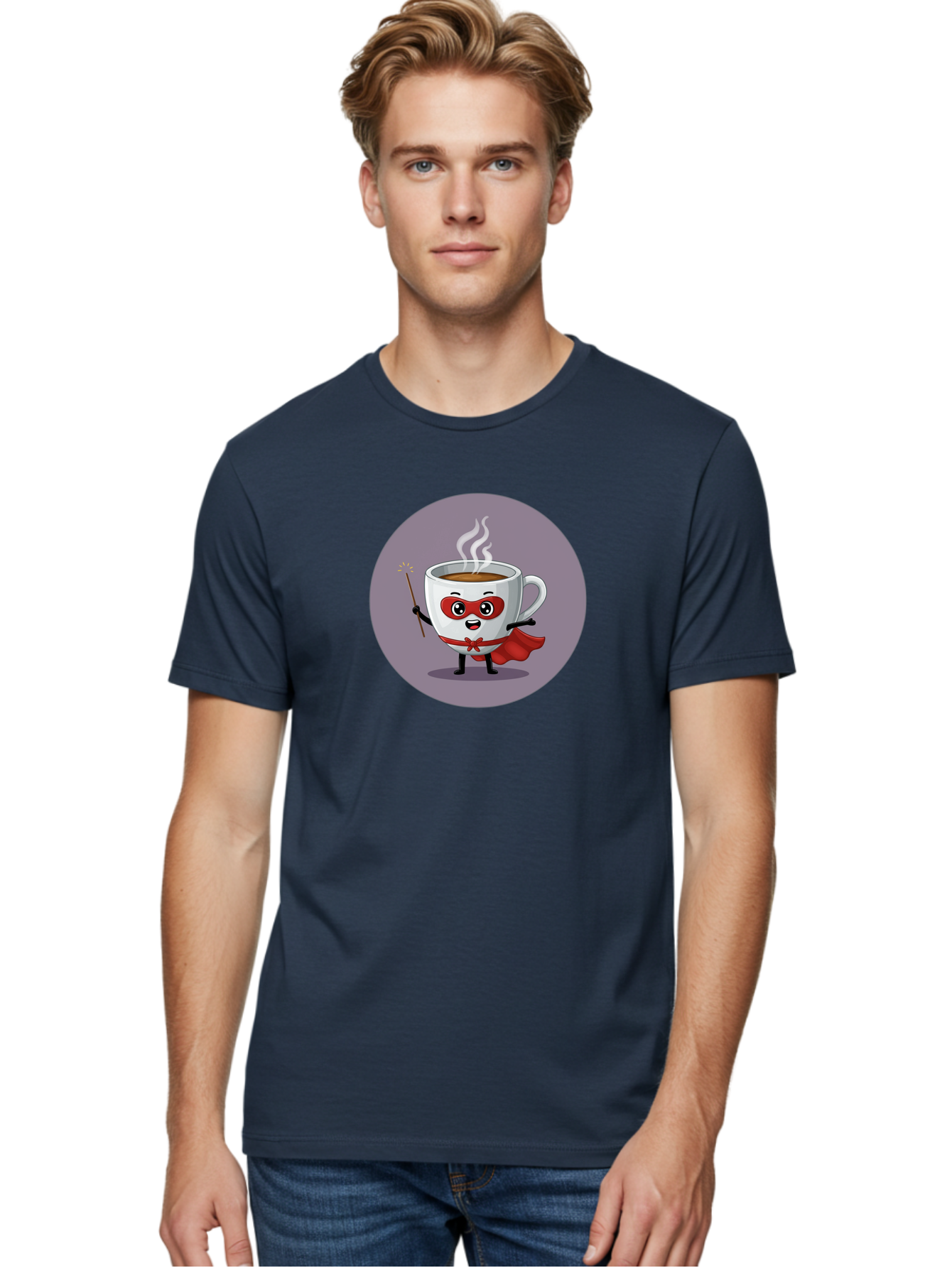 Cafe-Hero Men'S Graphic Tee, 100% Cotton, Comfortable Casual Summer Wear, Machine Washable, Cartoon Coffee Cup, Superhero Theme, Red Mask, Red Cape, Magical Wand, Steaming Hot Coffee, Funny Character, Animated Beverage Bab706 20