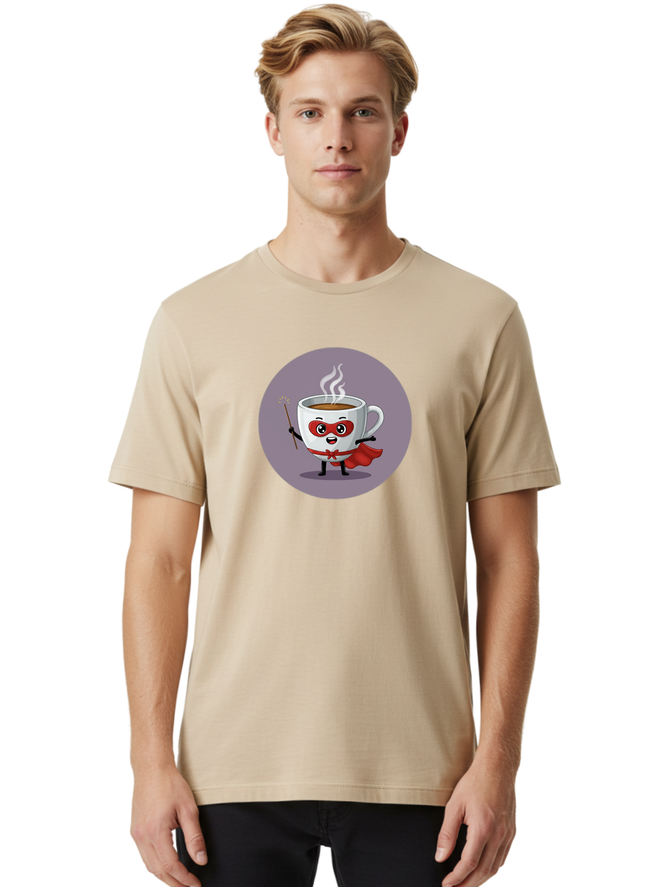 Cafe-Hero Men'S Graphic Tee, 100% Cotton, Comfortable Casual Summer Wear, Machine Washable, Cartoon Coffee Cup, Superhero Theme, Red Mask, Red Cape, Magical Wand, Steaming Hot Coffee, Funny Character, Animated Beverage Bab706 30