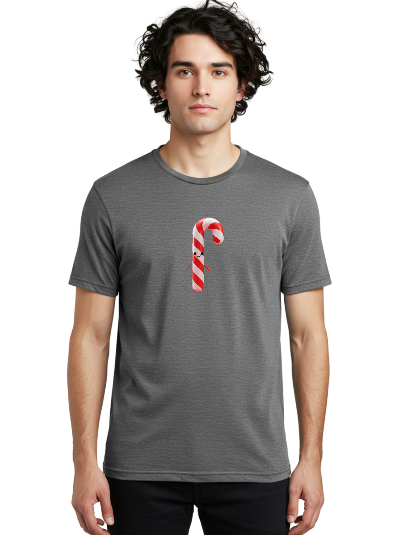 Candy-Cane-Character Men'S Graphic Tee, 100% Cotton, Comfortable Casual Summer Wear, Machine Washable, Red And White Candy Cane, Cartoon Character, Festive Holiday Treat, Sweet Indulgence, Cheerful Smile, Adorable Arms, Christmas Delight Bab708 16