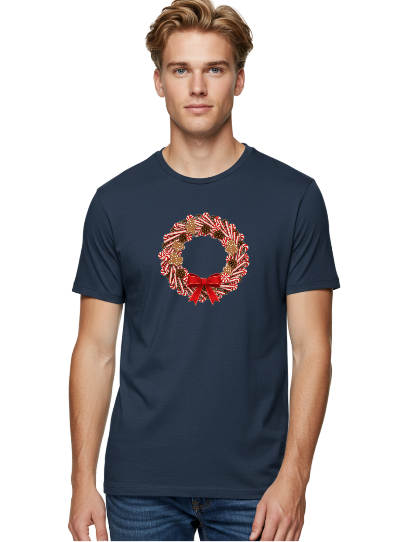 Candy-Cane-Wreath Men'S Graphic Tee, 100% Cotton, Comfortable Casual Summer Wear, Machine Washable, Candy Cane Wreath, Christmas Decoration, Holiday Decor, Red And White Striped Candy Canes, Gingerbread Men, Festive Atmosphere, Bab709 26