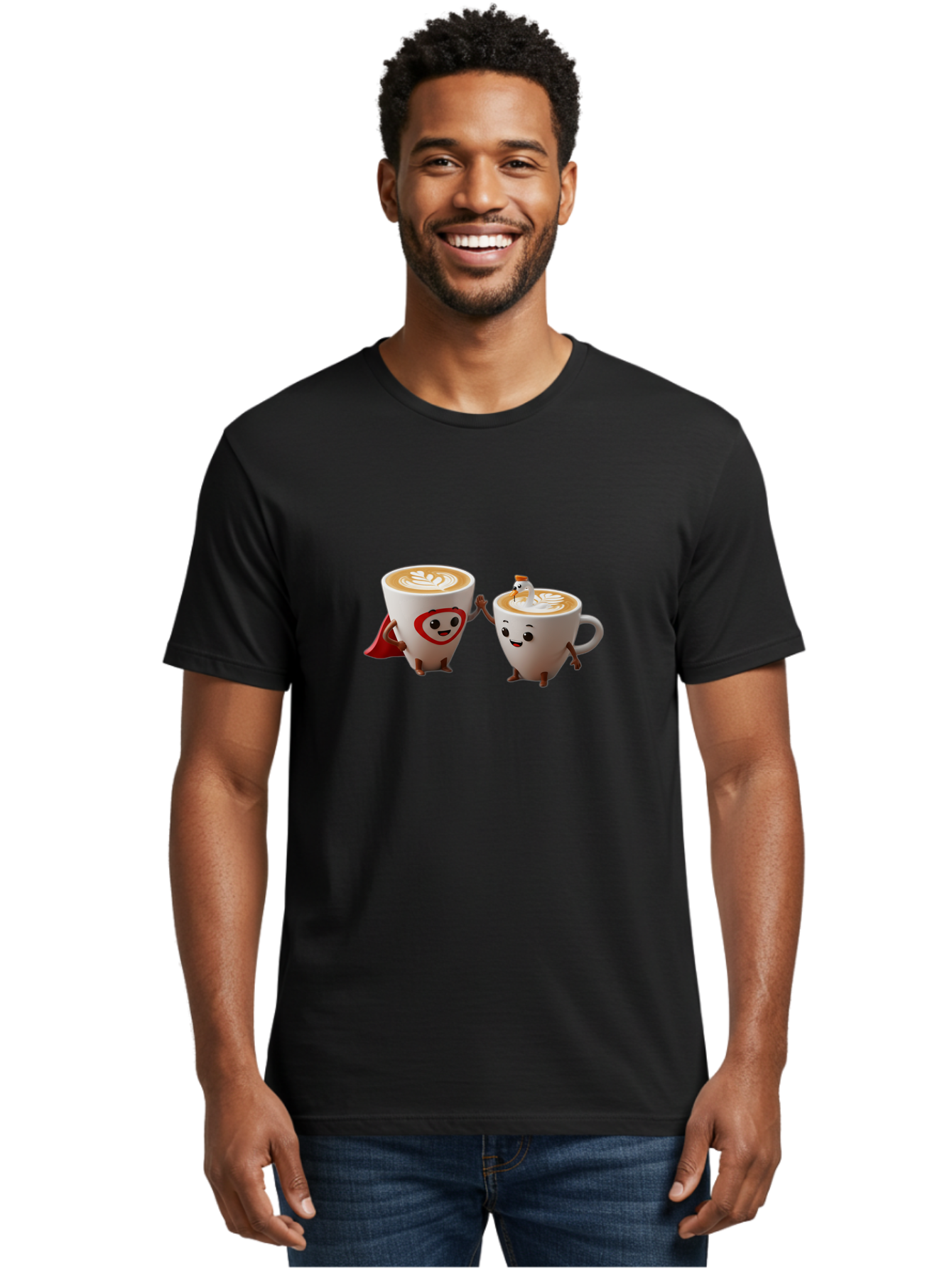 Cappuccino-Friends Men'S Graphic Tee, 100% Cotton, Comfortable Casual Summer Wear, Machine Washable, Cartoon Coffee Cups, Anthropomorphic Coffee, Latte Art, Coffee Lovers, Friendly Cups, Holding Hands, Cute Characters, Cartoon Illustrations, Bab711 16